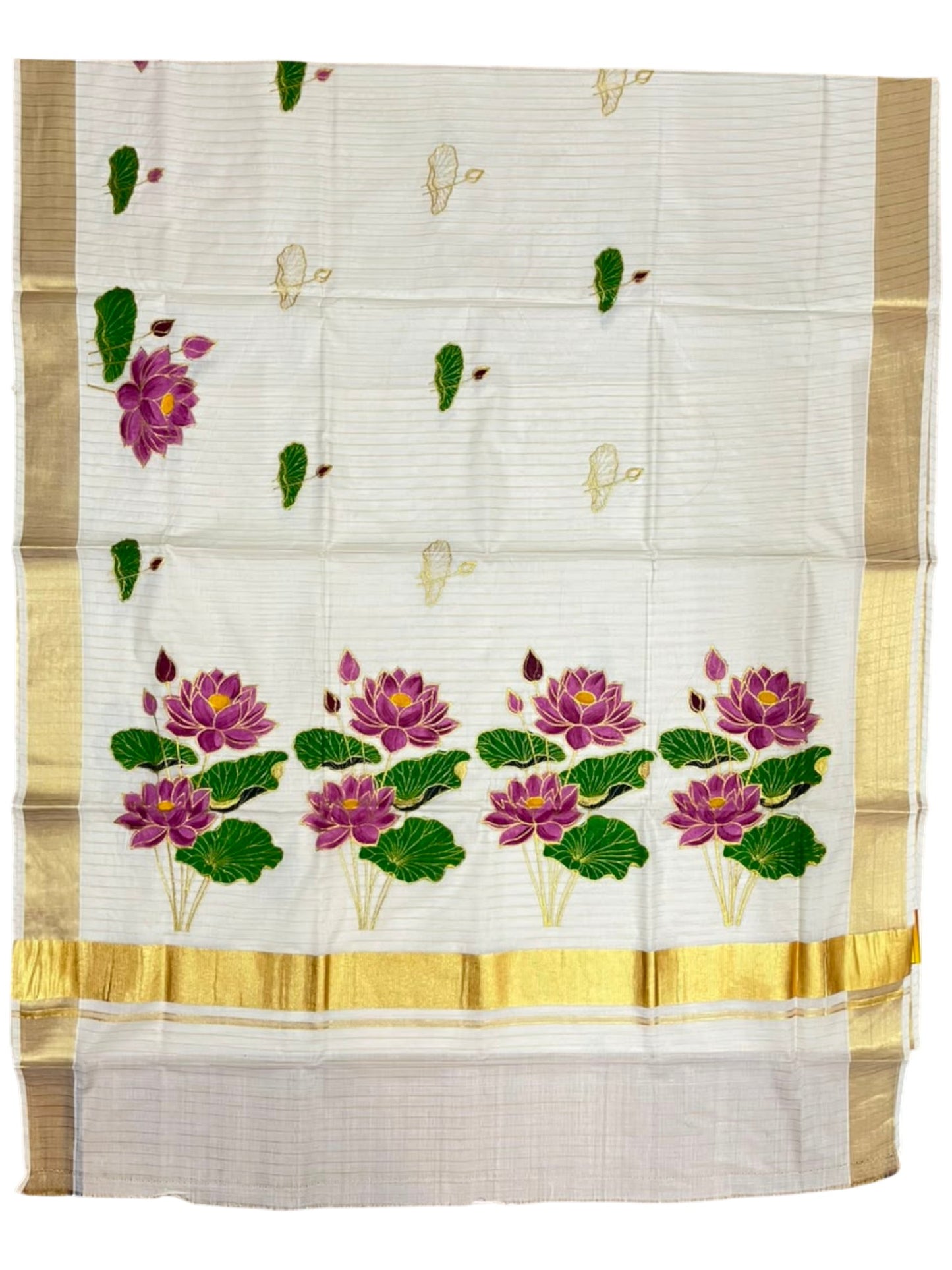 Southloom Cotton Kerala Kasavu Saree with Hand Painted Embroidery Lotus Design SL289