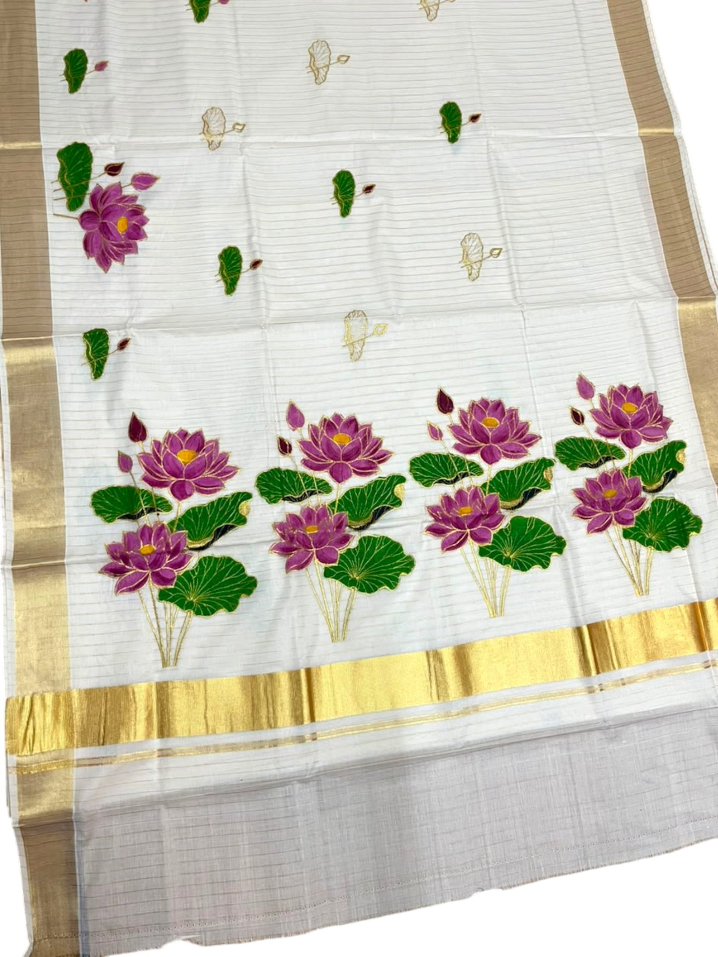 Southloom Cotton Kerala Kasavu Saree with Hand Painted Embroidery Lotus Design SL289