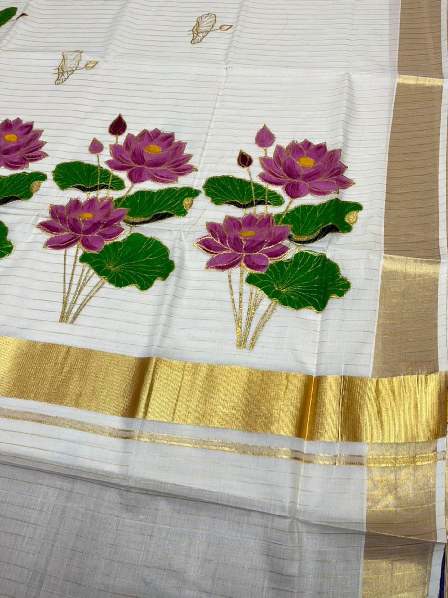 Southloom Cotton Kerala Kasavu Saree with Hand Painted Embroidery Lotus Design SL289