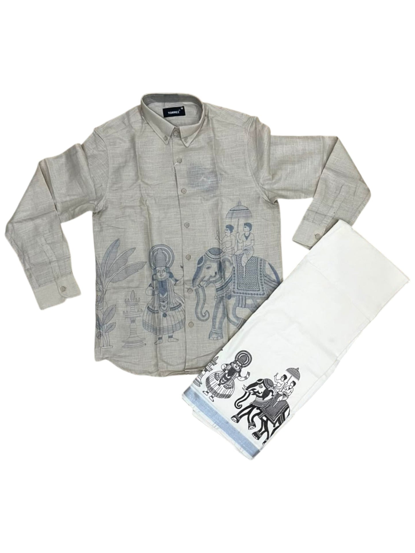 Southloom Linen Cotton Elephant Embroidery Design Men's Combo In Grey (Shirt + Mundu) SLCOMBO SL571