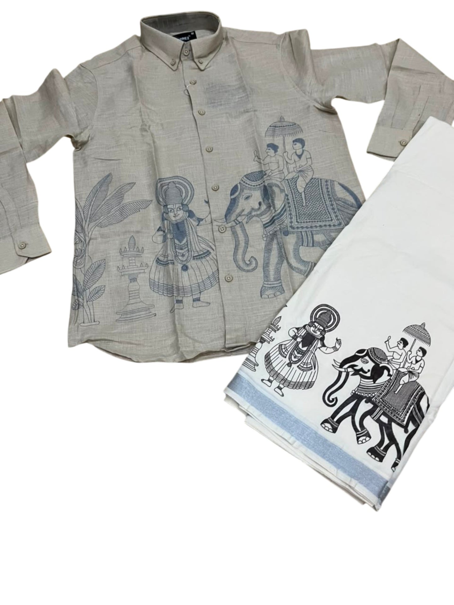 Southloom Linen Cotton Elephant Embroidery Design Men's Combo In Grey (Shirt + Mundu) SLCOMBO SL571