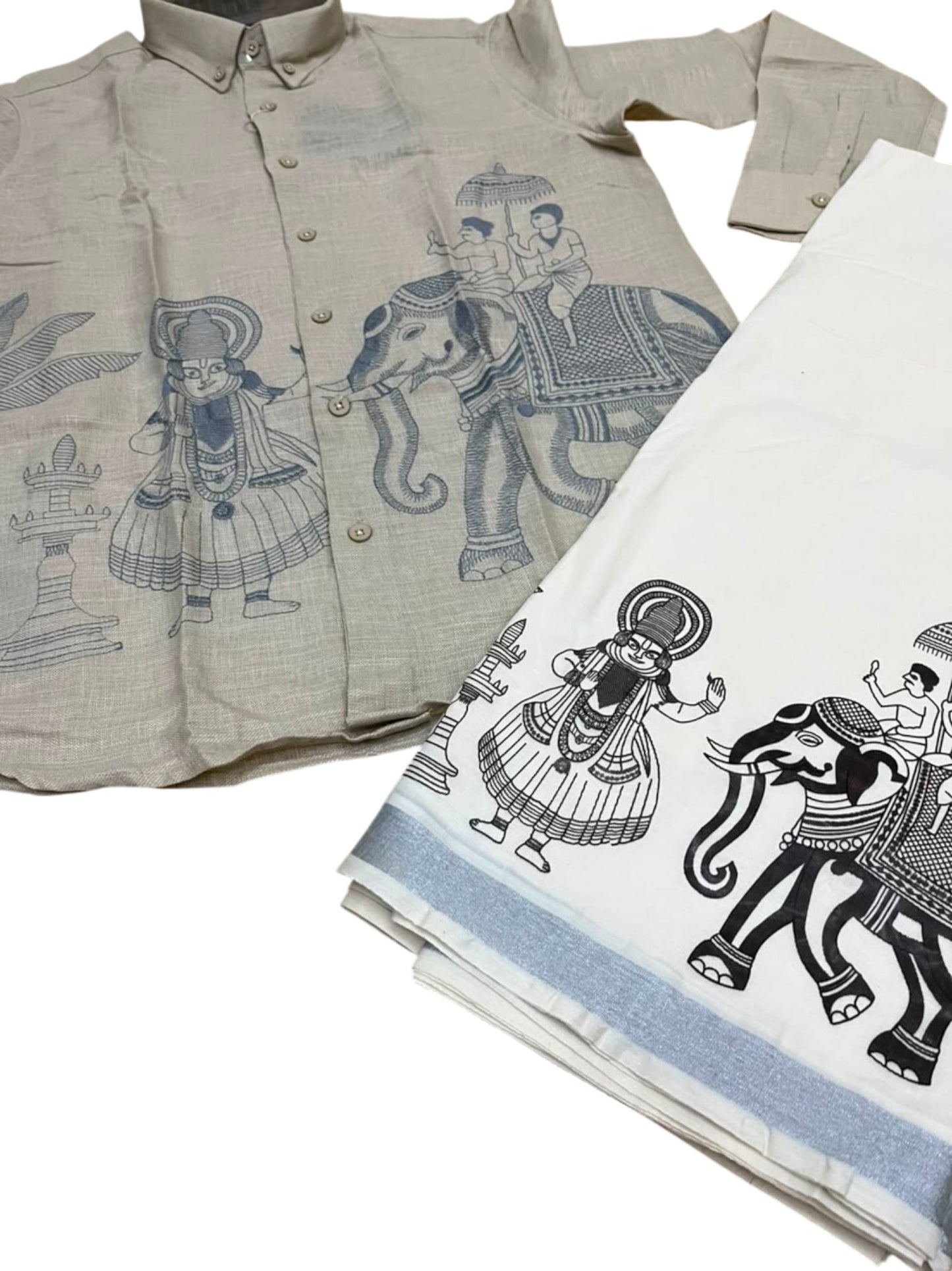 Southloom Linen Cotton Elephant Embroidery Design Men's Combo In Grey (Shirt + Mundu) SLCOMBO SL571