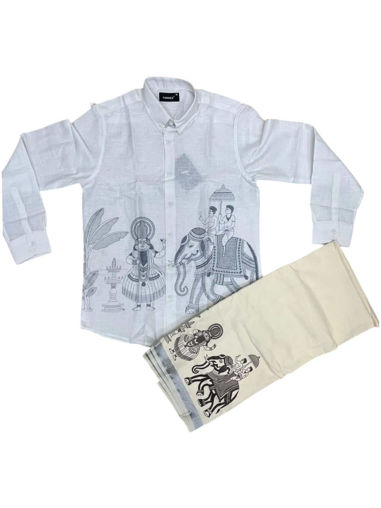Southloom Linen Cotton Elephant Embroidery Design Men's Combo In White (Shirt + Mundu) SLCOMBO SL571