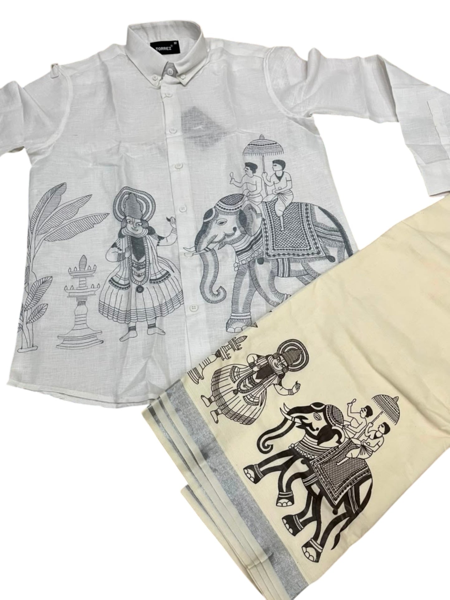 Southloom Linen Cotton Elephant Embroidery Design Men's Combo In White (Shirt + Mundu) SLCOMBO SL571