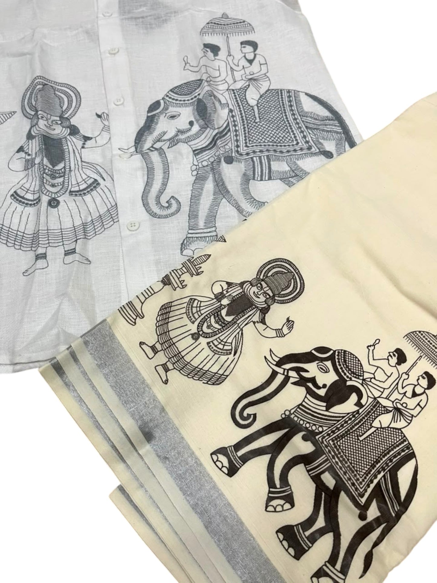 Southloom Linen Cotton Elephant Embroidery Design Men's Combo In White (Shirt + Mundu) SLCOMBO SL571