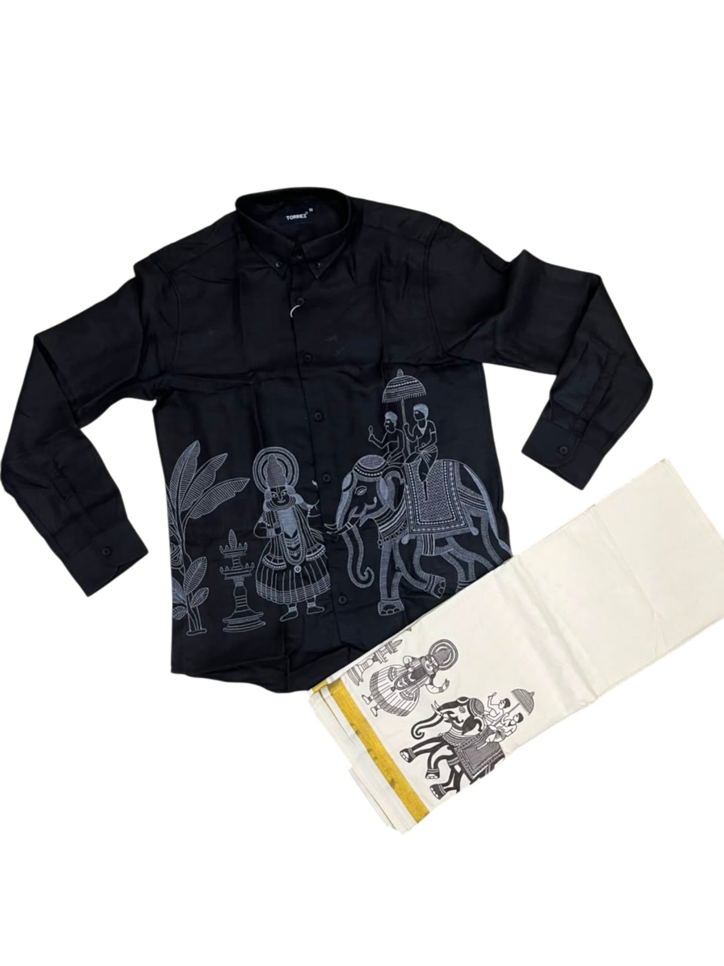 Southloom Linen Cotton Elephant Embroidery Design Men's Combo In Black (Shirt + Mundu) SLCOMBO SL571