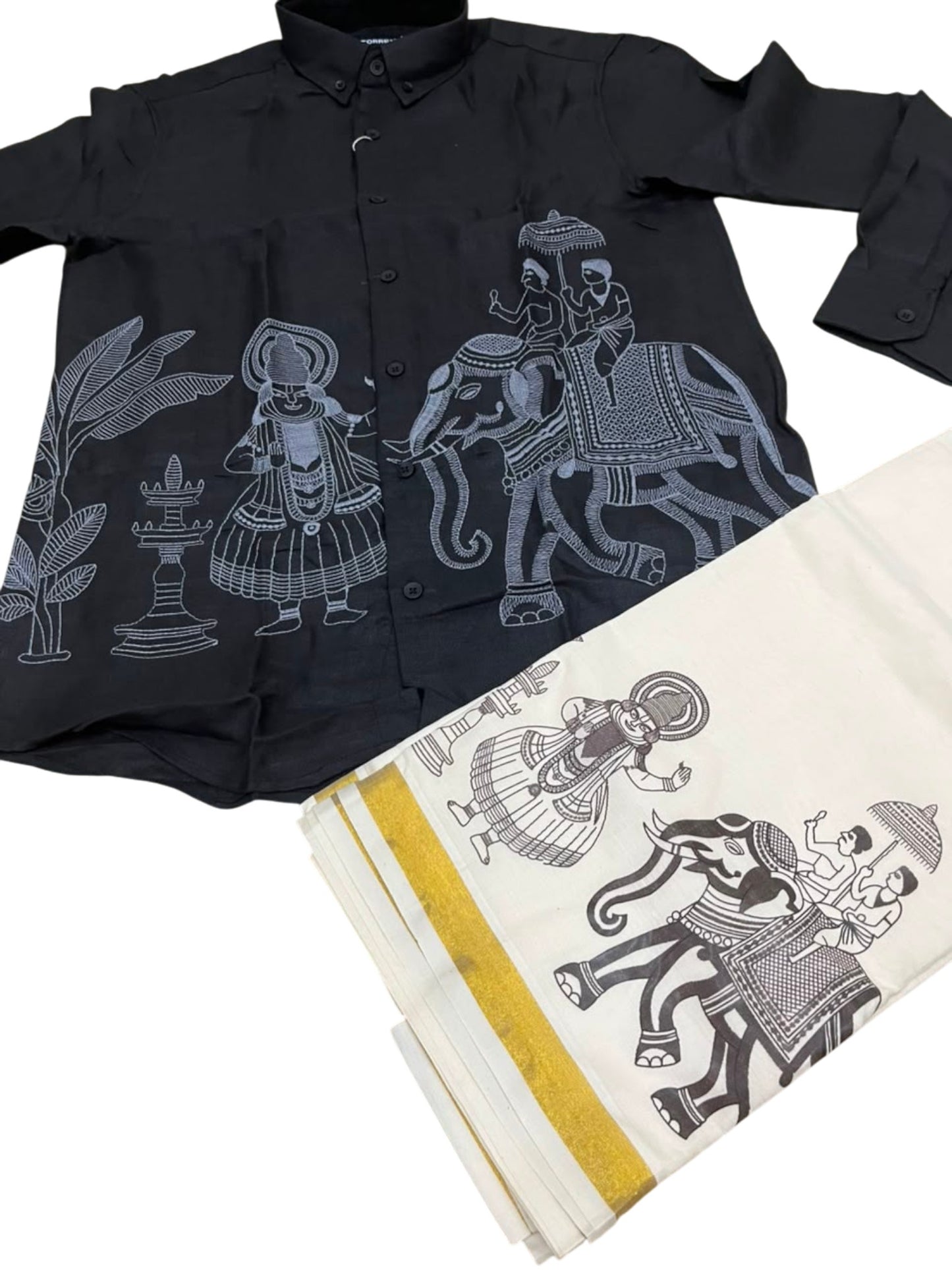 Southloom Linen Cotton Elephant Embroidery Design Men's Combo In Black (Shirt + Mundu) SLCOMBO SL571
