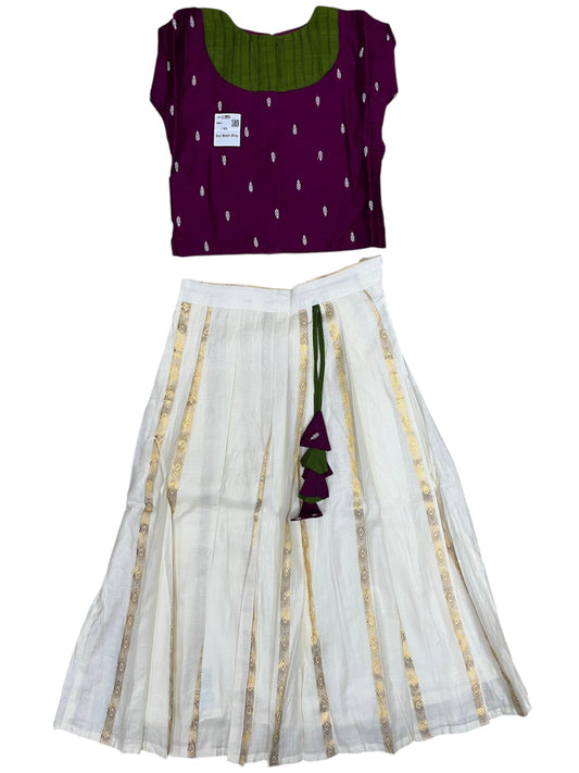 Southloom Kerala Cotton Kasavu Pavada Blouse In Violet for Kids