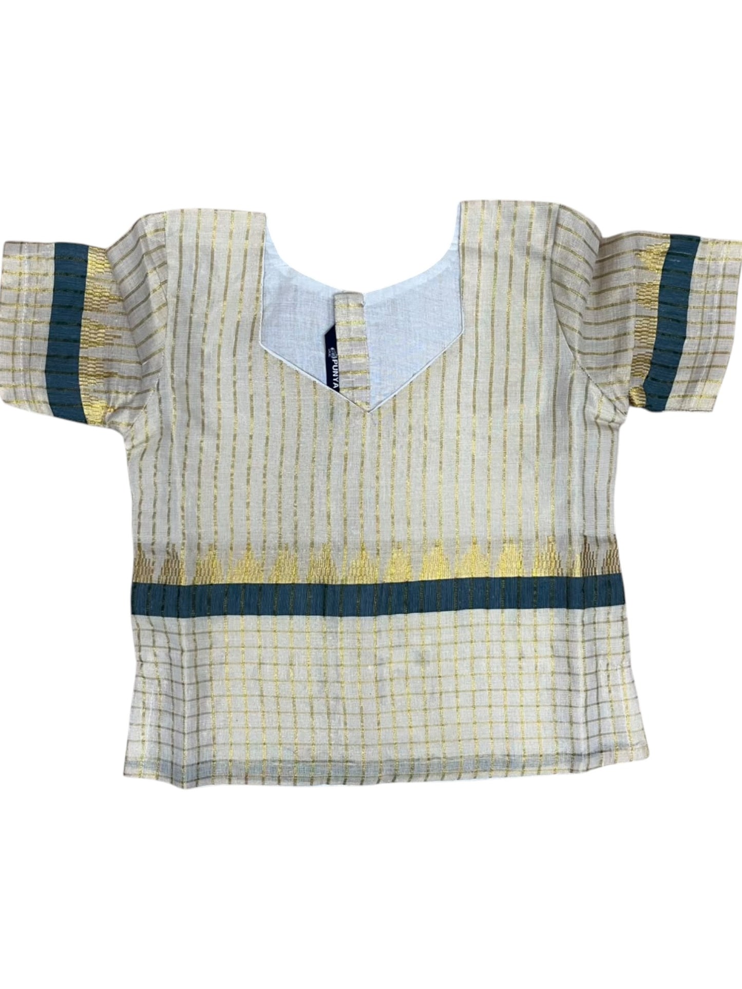 Southloom Kerala Tissue  Kasavu Pavada with Stripes on Body And Blouse In Green for Kids