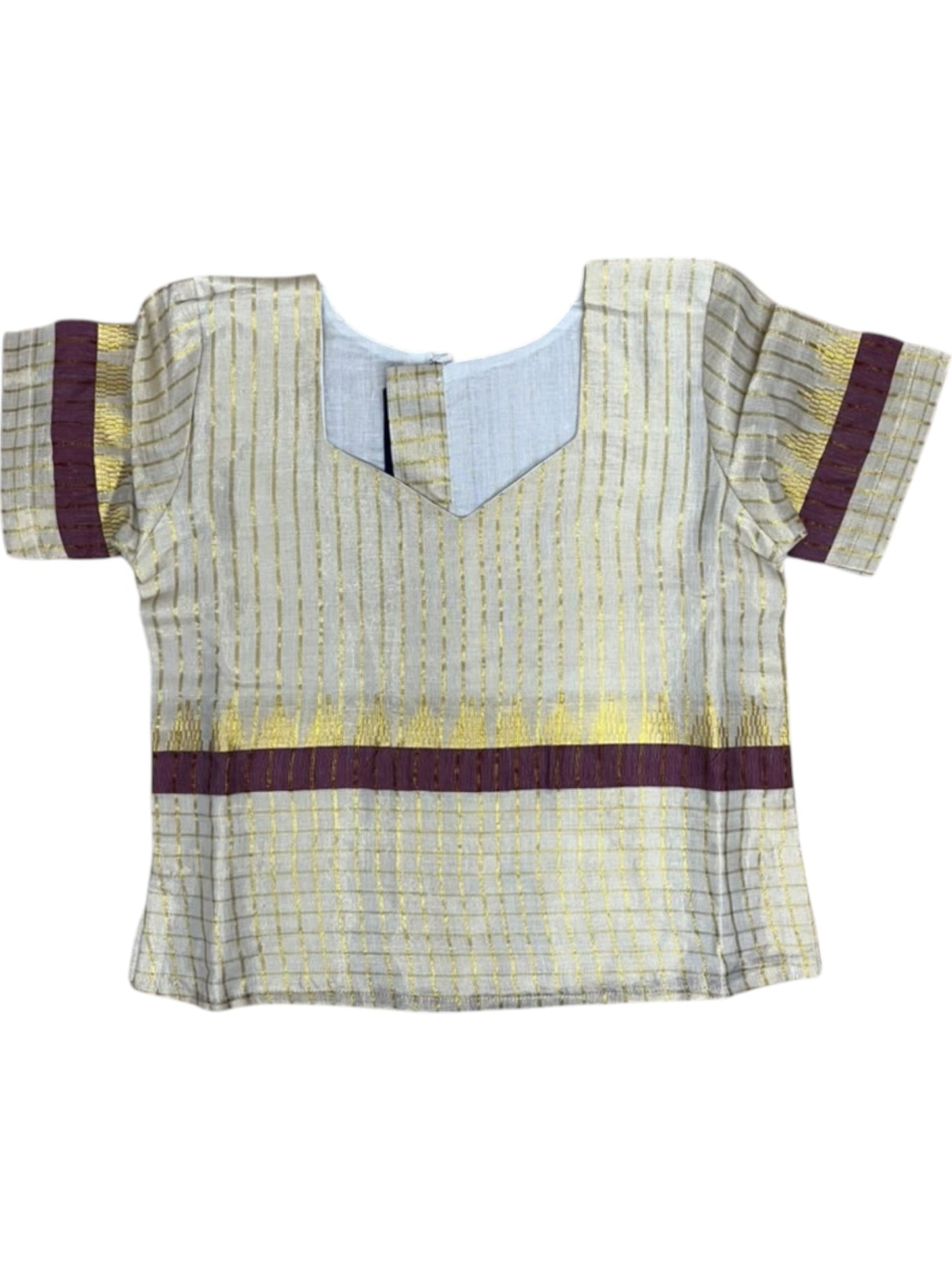 Southloom Kerala Tissue  Kasavu Pavada with Stripes on Body And Blouse In Maroon for Kids