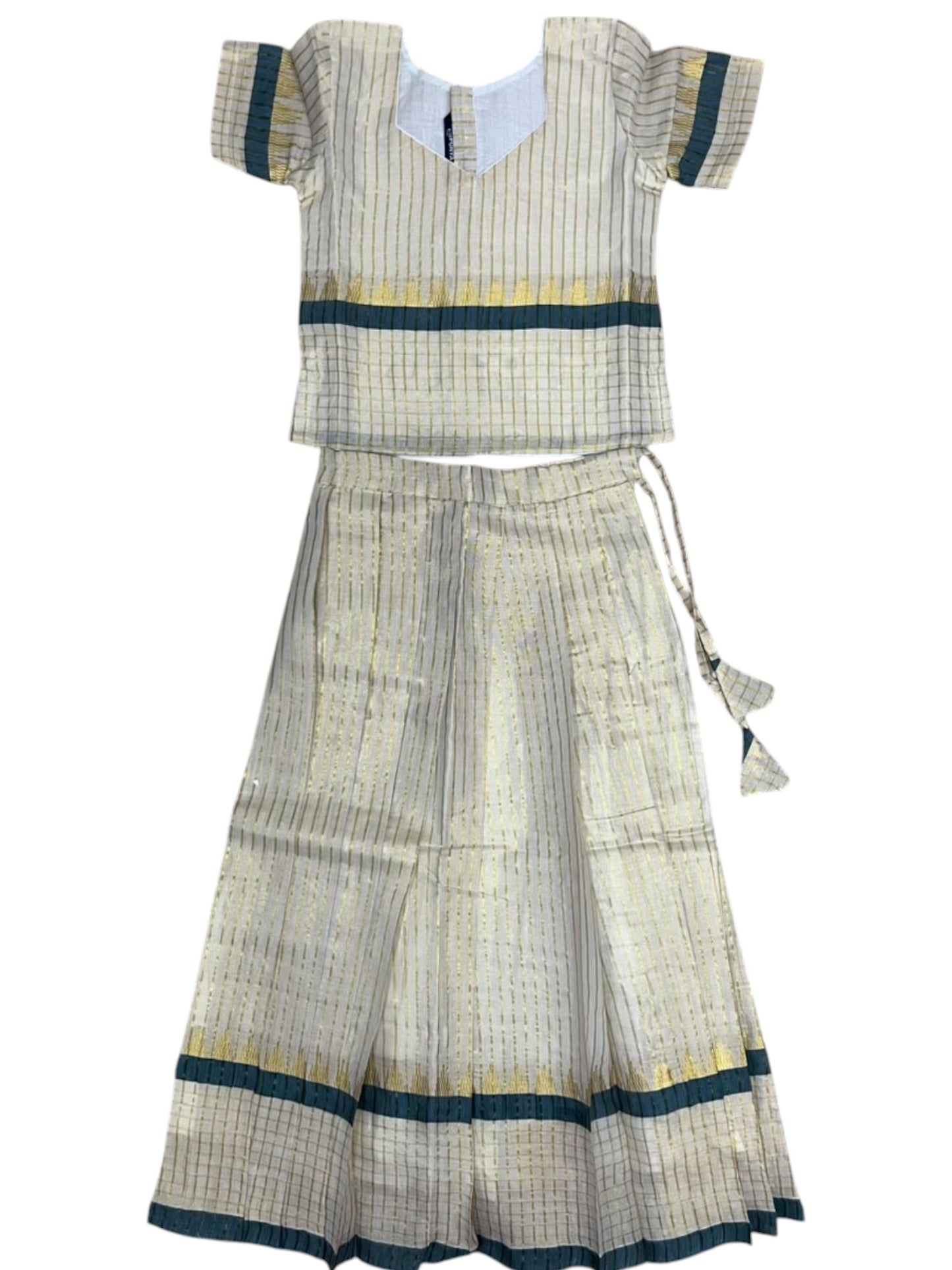 Southloom Kerala Tissue  Kasavu Pavada with Stripes on Body And Blouse In Green for Kids