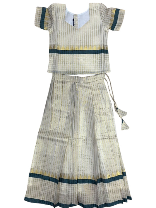Southloom Kerala Tissue  Kasavu Pavada with Stripes on Body And Blouse In Green for Kids