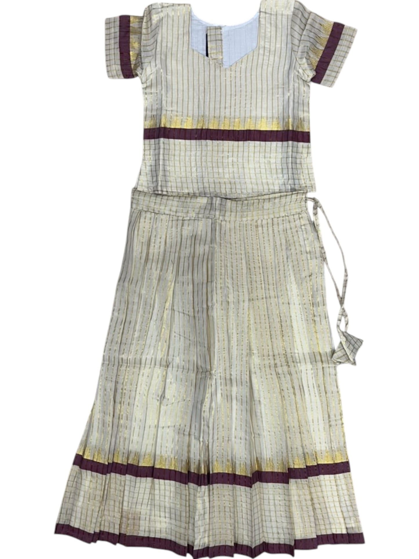 Southloom Kerala Tissue  Kasavu Pavada with Stripes on Body And Blouse In Maroon for Kids
