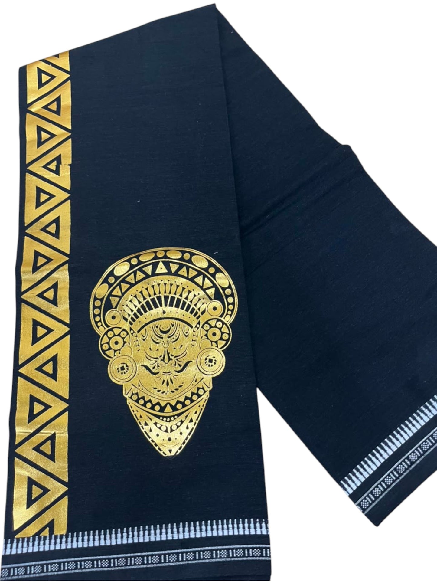 Southloom Black Printed Single Mundu / Otta Mundu / Lungi (South Indian Kerala Dhoti) with Kathakali PrintSL580
