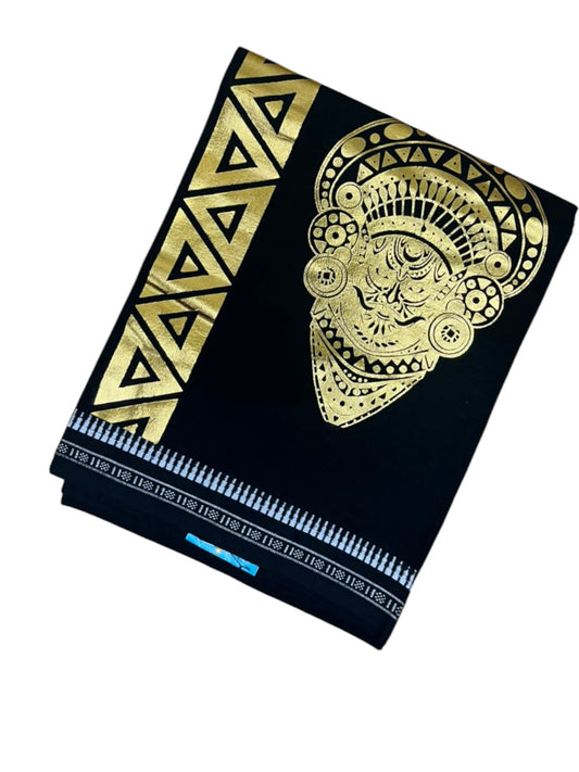 Southloom Black Printed Single Mundu / Otta Mundu / Lungi (South Indian Kerala Dhoti) with Kathakali PrintSL580
