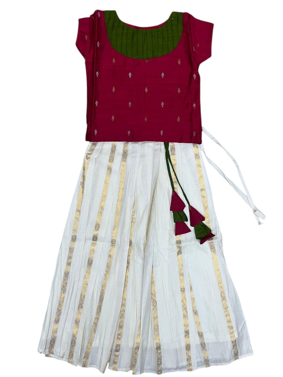 Southloom Kerala Cotton Kasavu Pavada Blouse In Dark Pink for Kids