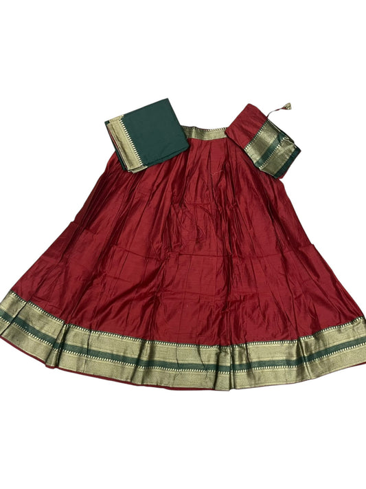 Kerala Southloom Semi UnStitched Kanchi Cotton Dhavani Set with Pavada and Blouse Piece In Red And Green SL585