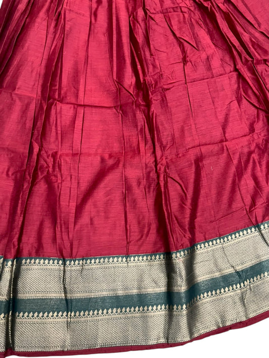 Kerala Southloom Semi UnStitched Kanchi Cotton Dhavani Set with Pavada and Blouse Piece In Red And Green SL585