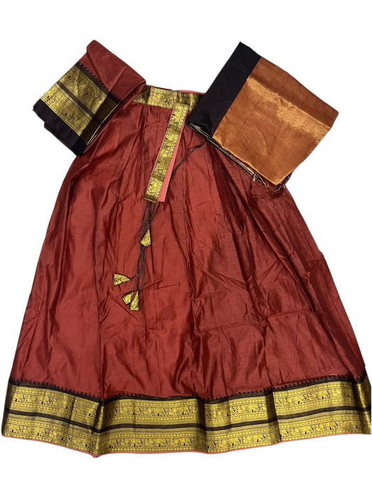 Kerala Southloom Semi UnStitched Kanchi Cotton Dhavani Set with Pavada and Blouse Piece In Cofee Brown SL585