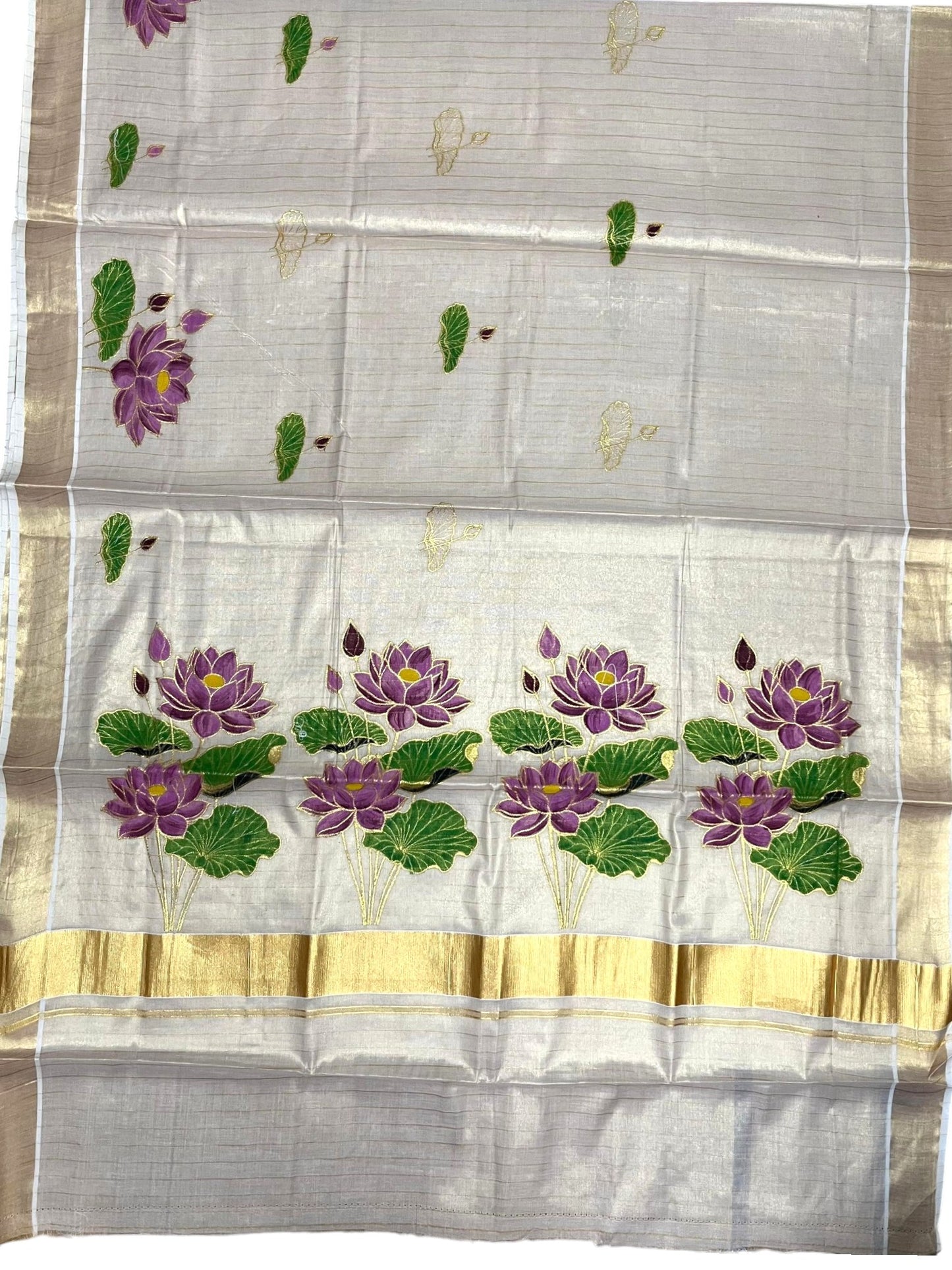 Southloom Tissue Kerala Kasavu Saree with Hand Painted Embroidery Lotus Design SL289