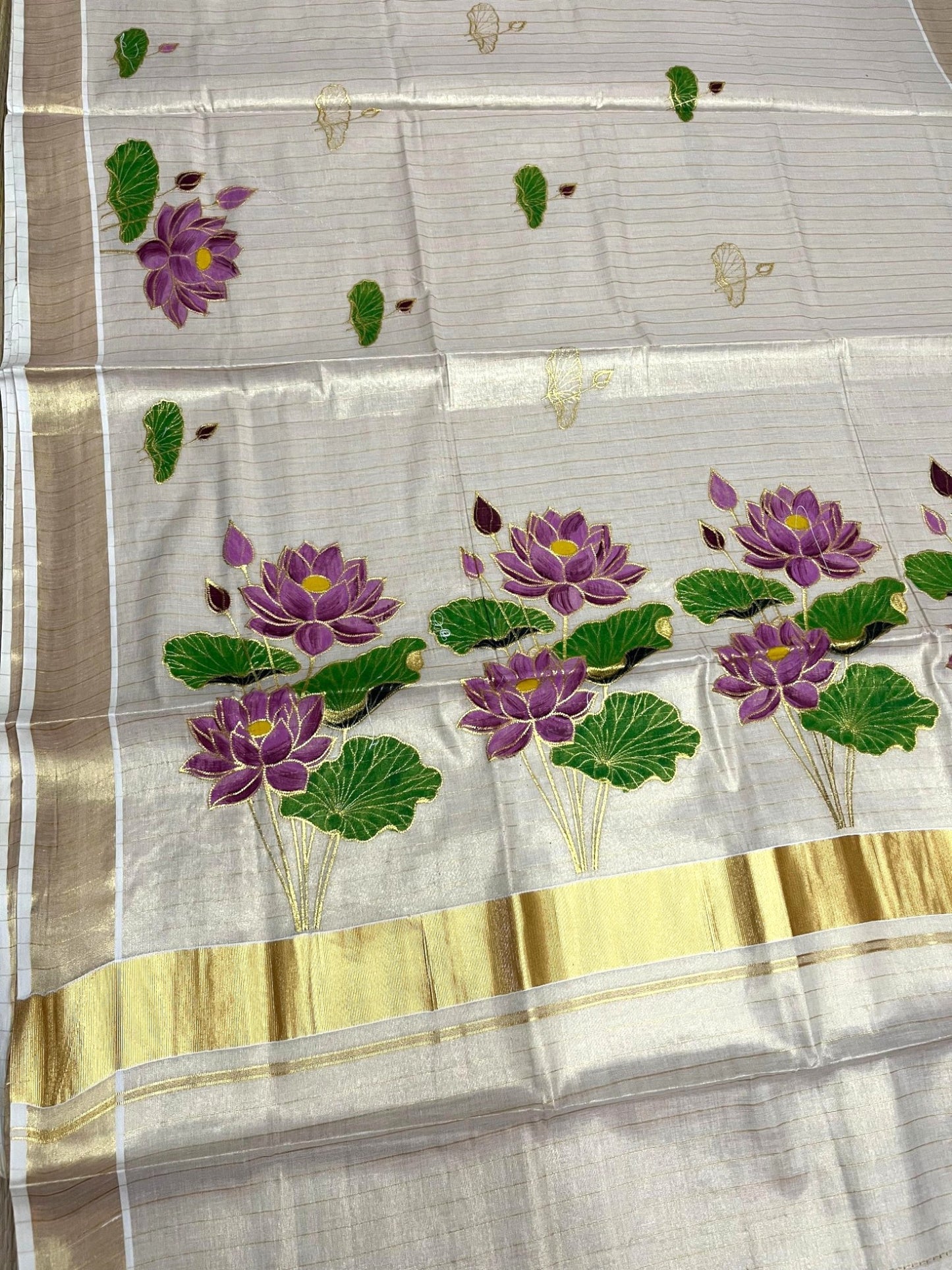 Southloom Tissue Kerala Kasavu Saree with Hand Painted Embroidery Lotus Design SL289