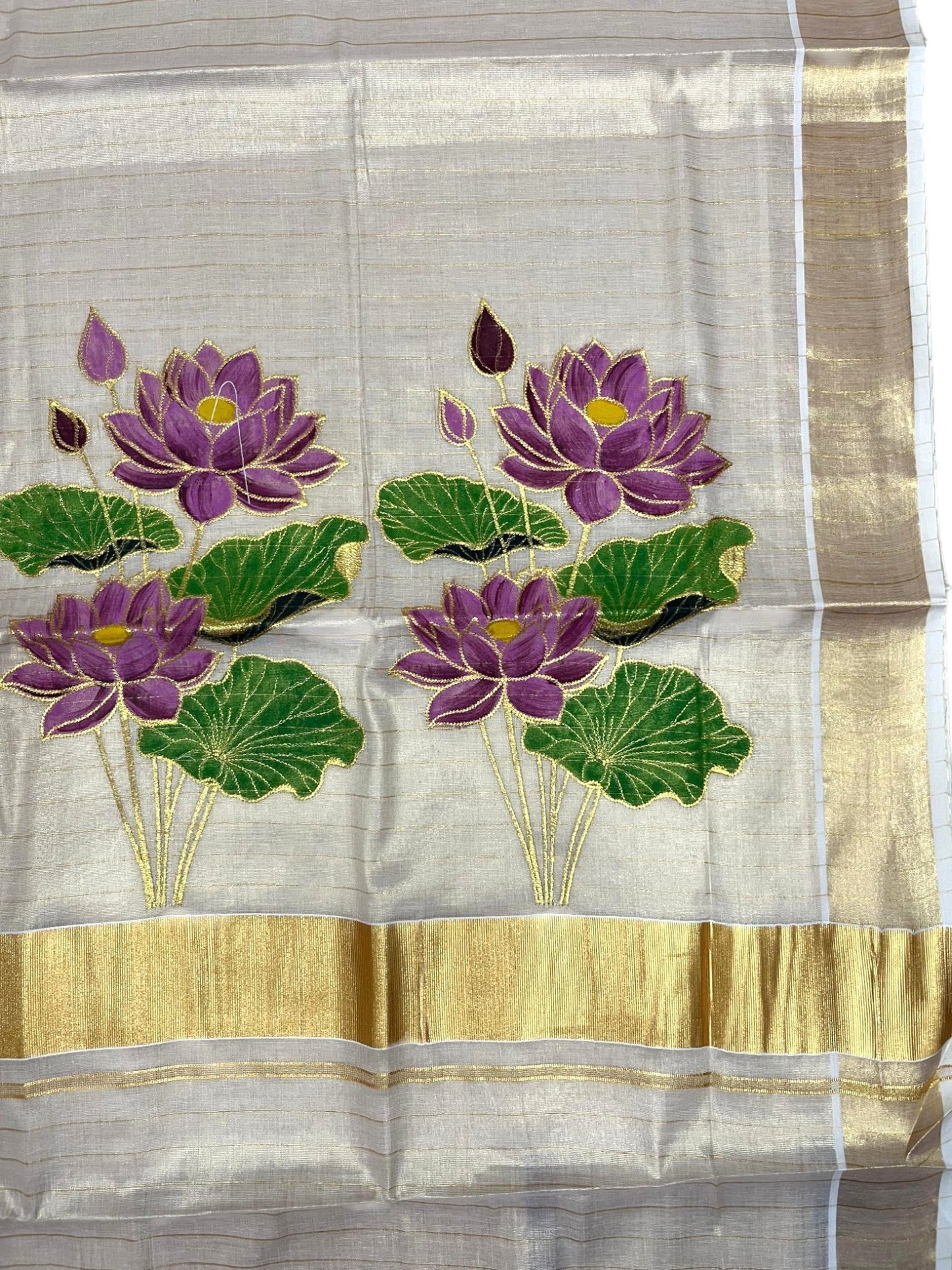 Southloom Tissue Kerala Kasavu Saree with Hand Painted Embroidery Lotus Design SL289