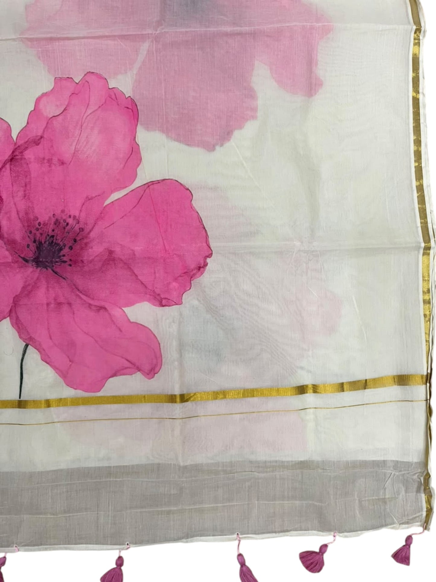 Kerala Southloom Cotton Saree with Floral Prints in Pink and Gold Border