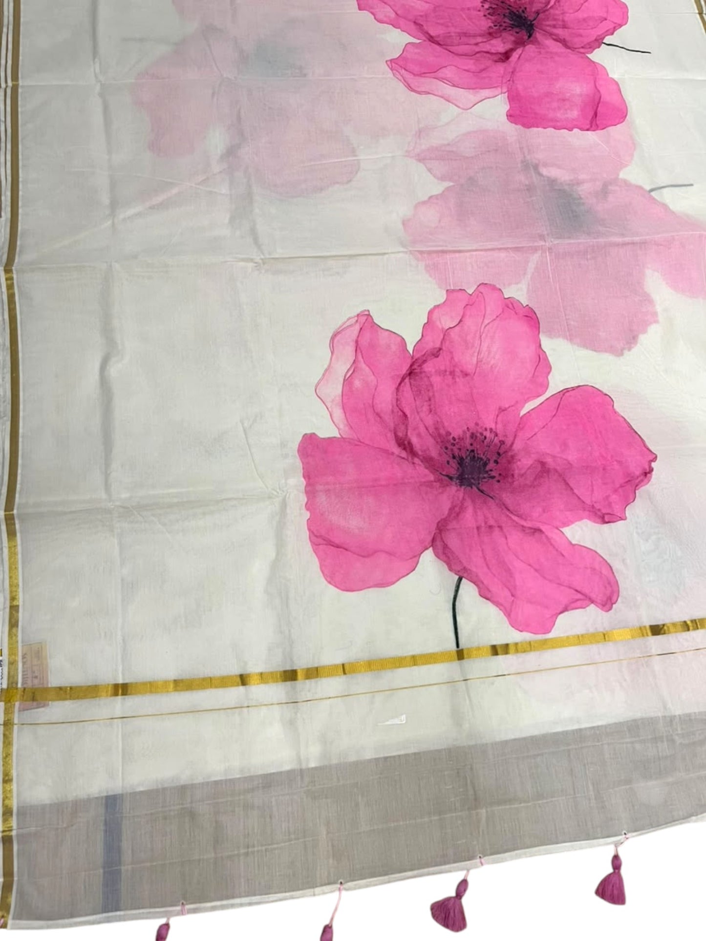 Kerala Southloom Cotton Saree with Floral Prints in Pink and Gold Border
