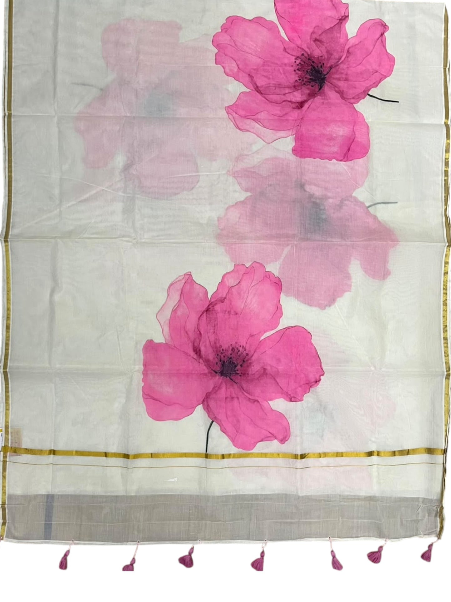 Kerala Southloom Cotton Saree with Floral Prints in Pink and Gold Border