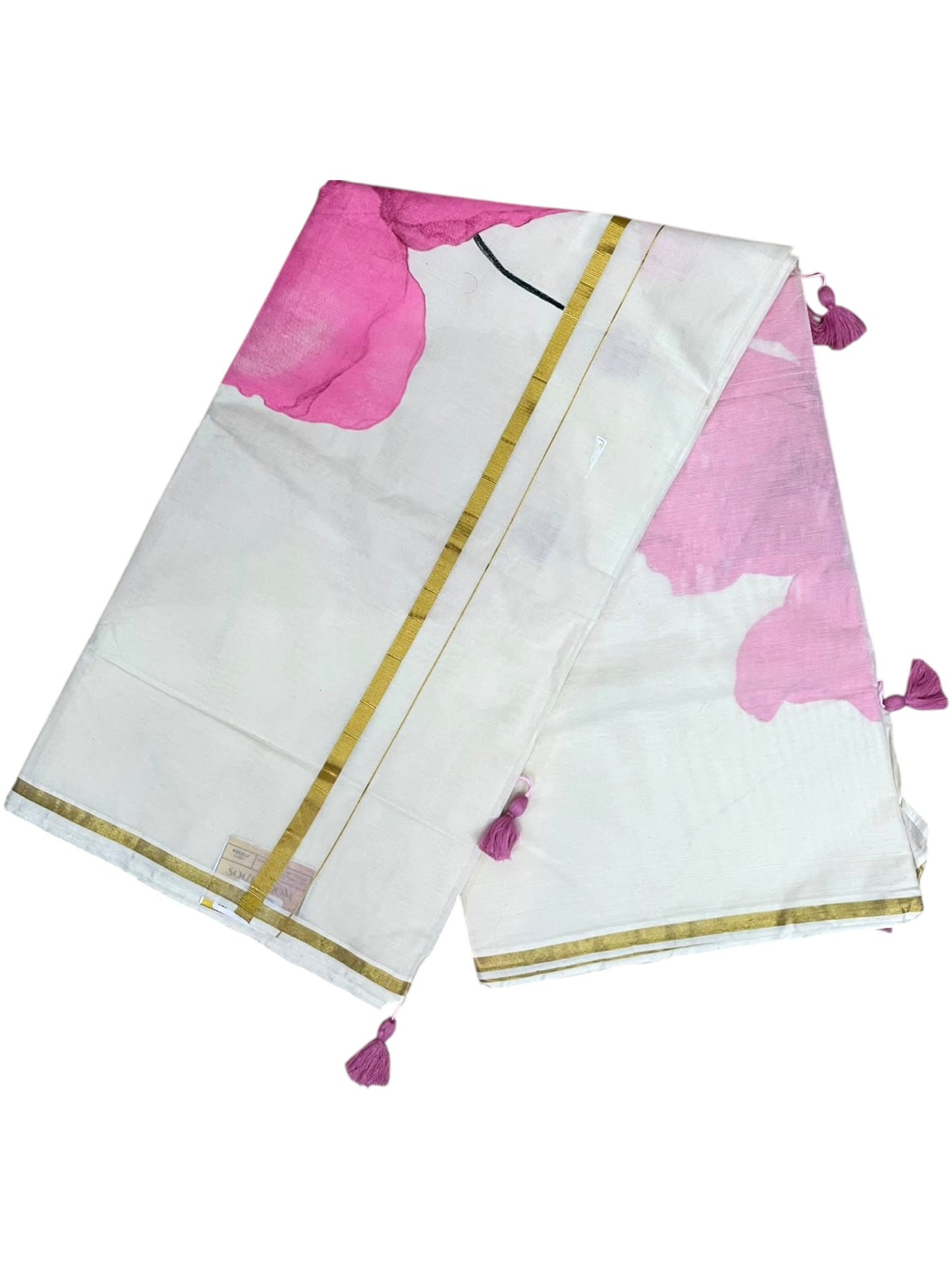 Kerala Southloom Cotton Saree with Floral Prints in Pink and Gold Border