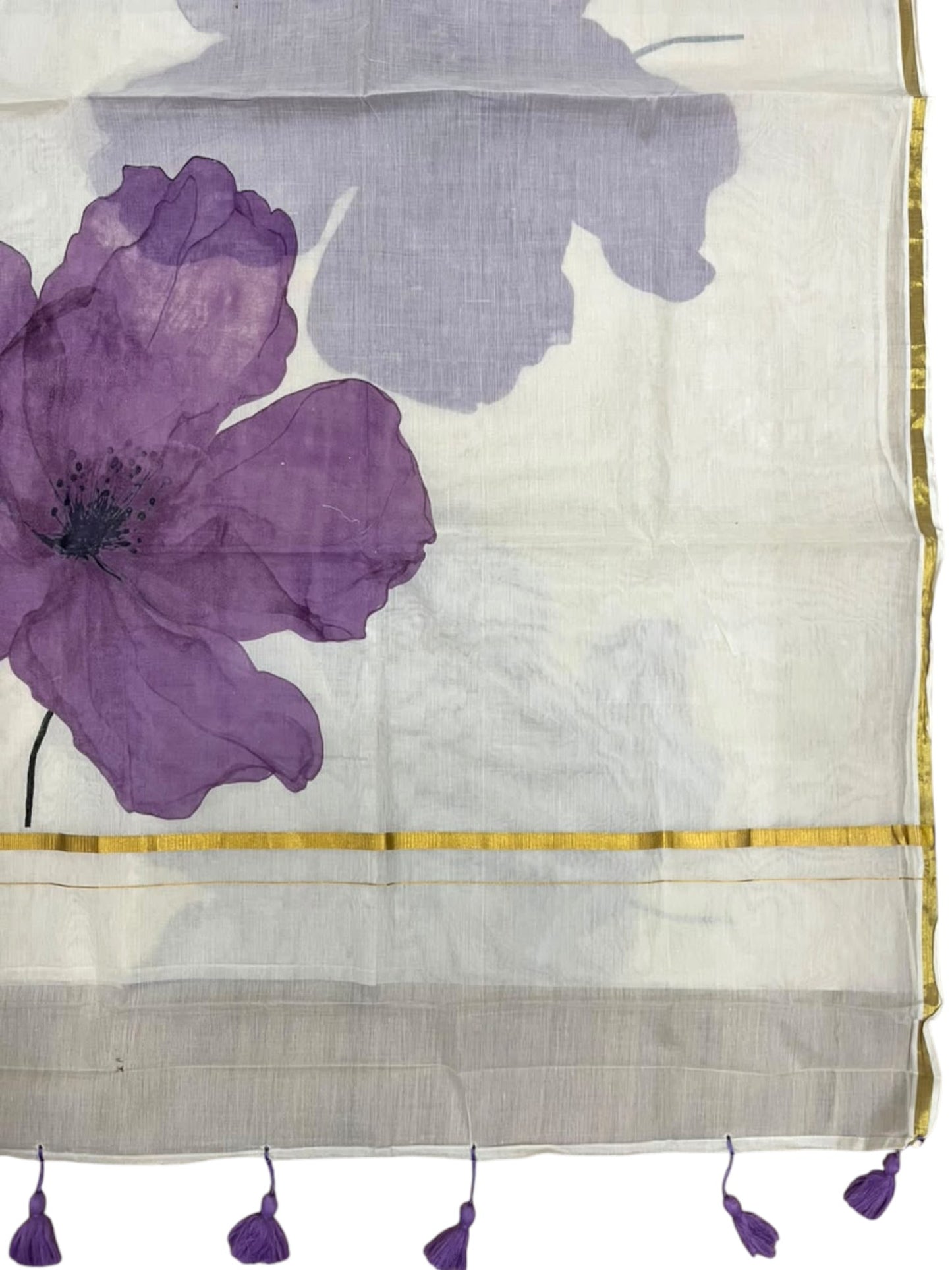 Kerala Southloom Cotton Saree with Floral Prints in Violet and Gold Border