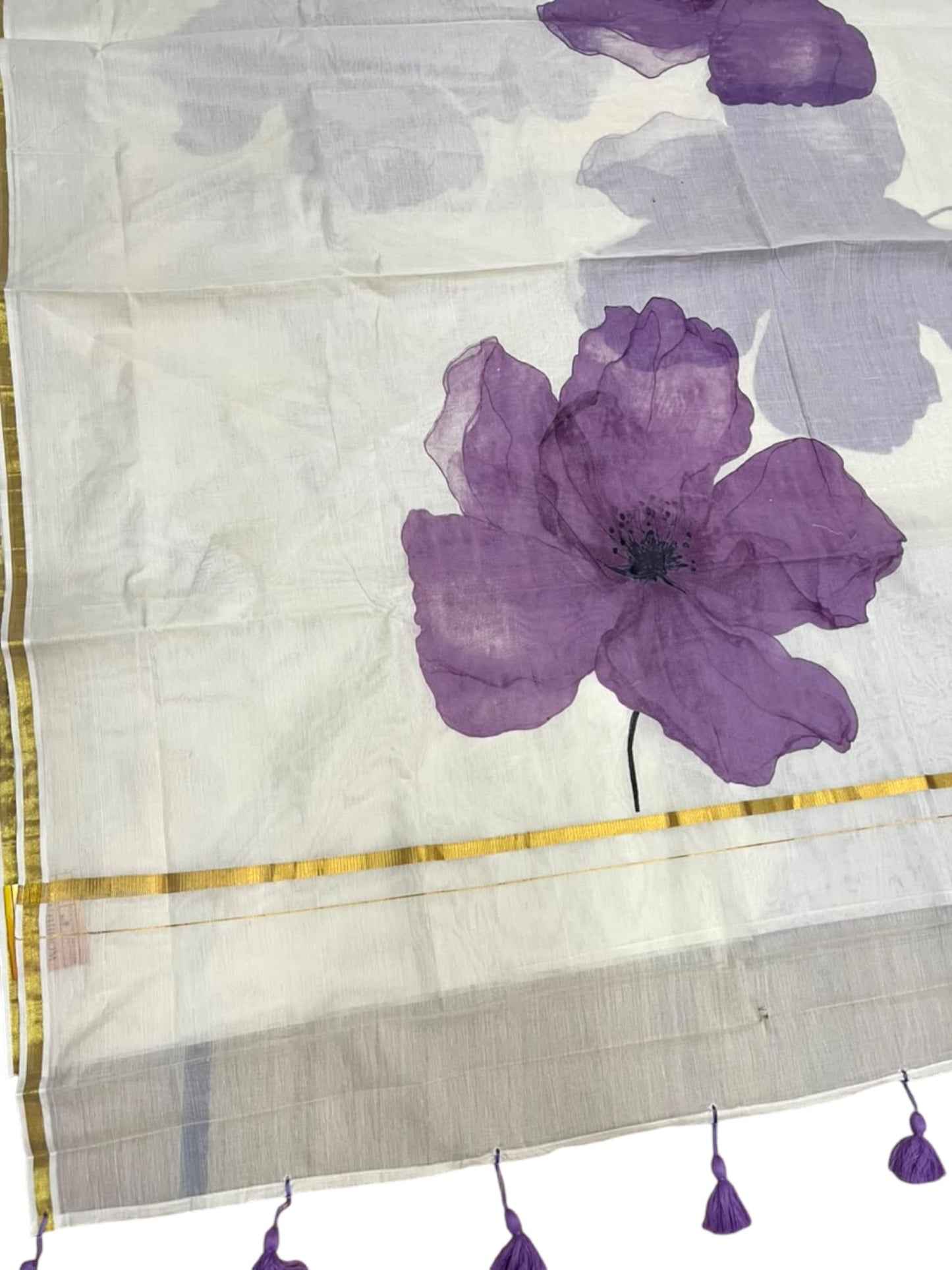 Kerala Southloom Cotton Saree with Floral Prints in Violet and Gold Border