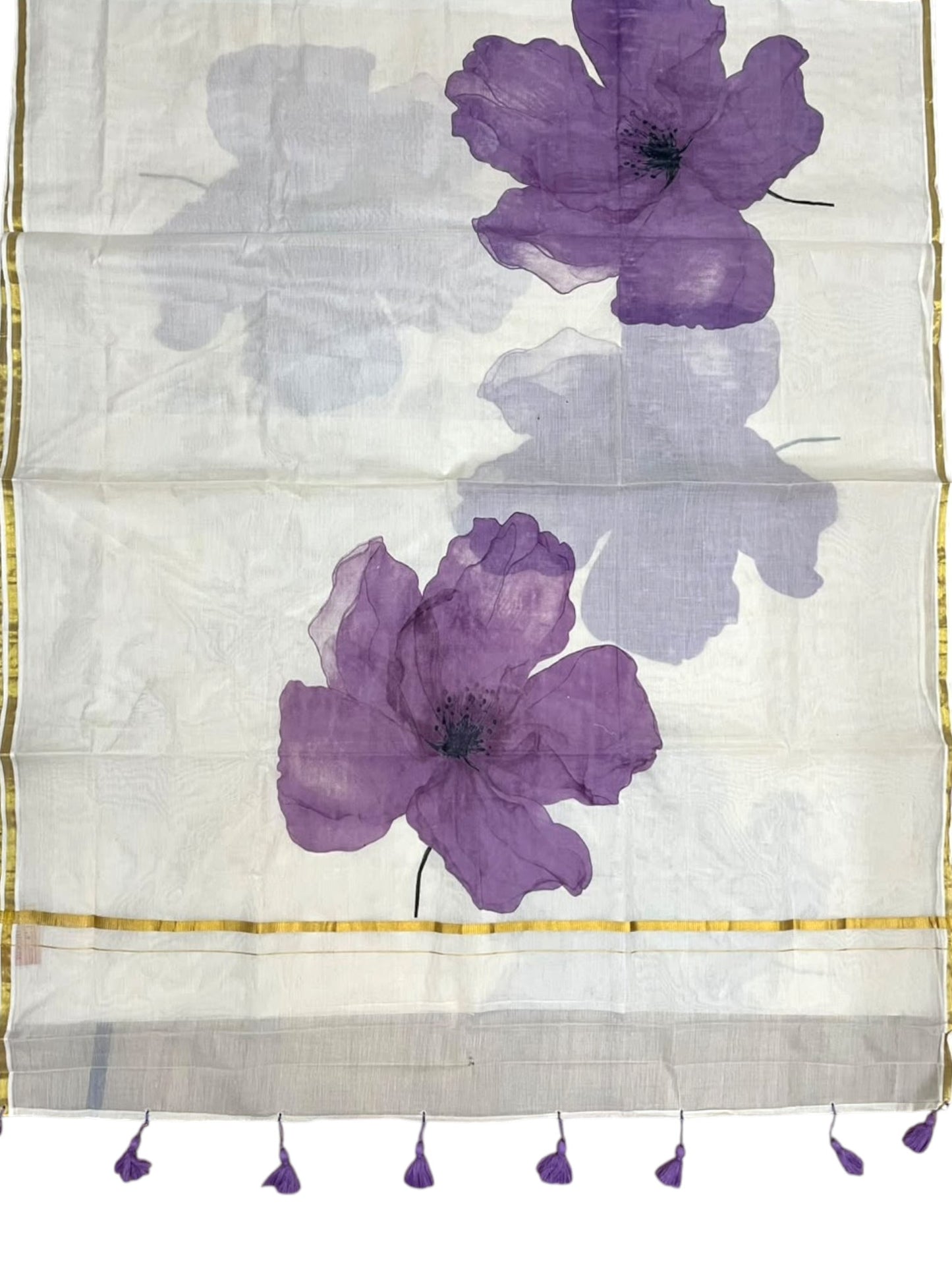 Kerala Southloom Cotton Saree with Floral Prints in Violet and Gold Border