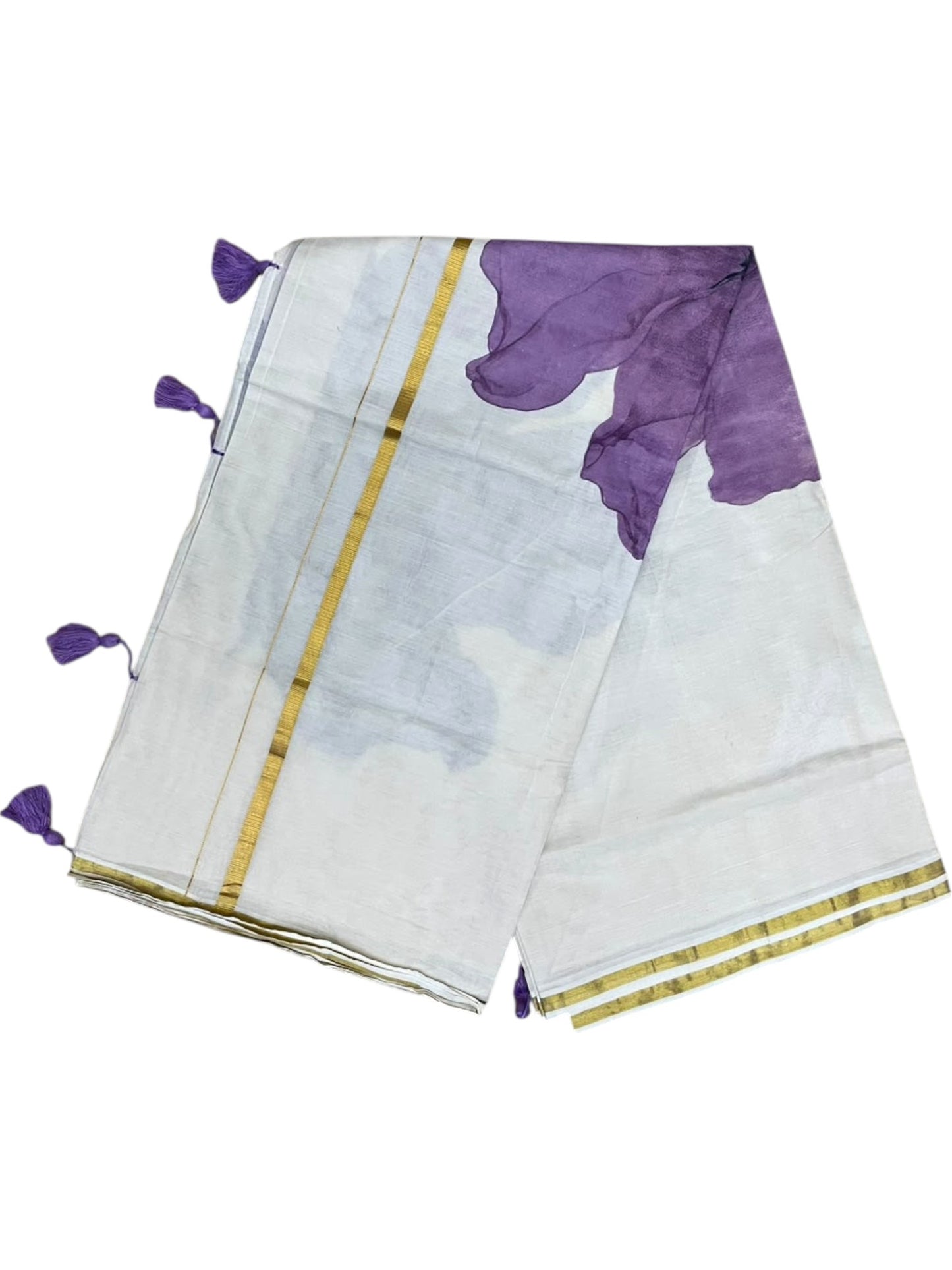 Kerala Southloom Cotton Saree with Floral Prints in Violet and Gold Border
