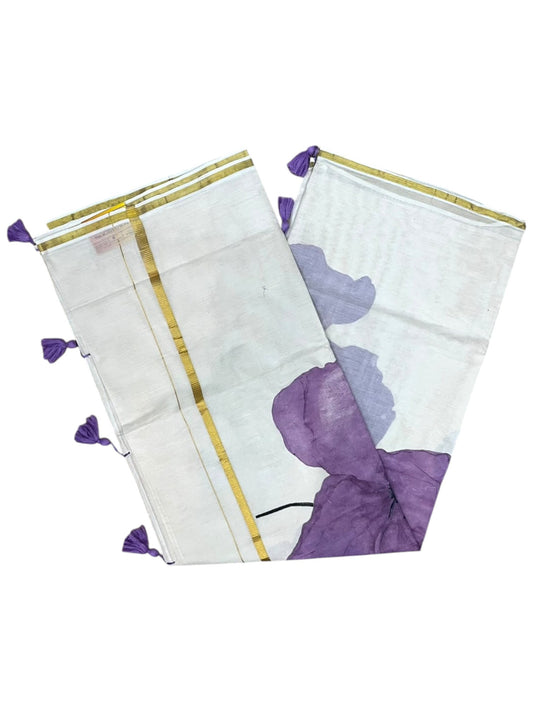 Kerala Southloom Cotton Saree with Floral Prints in Violet and Gold Border