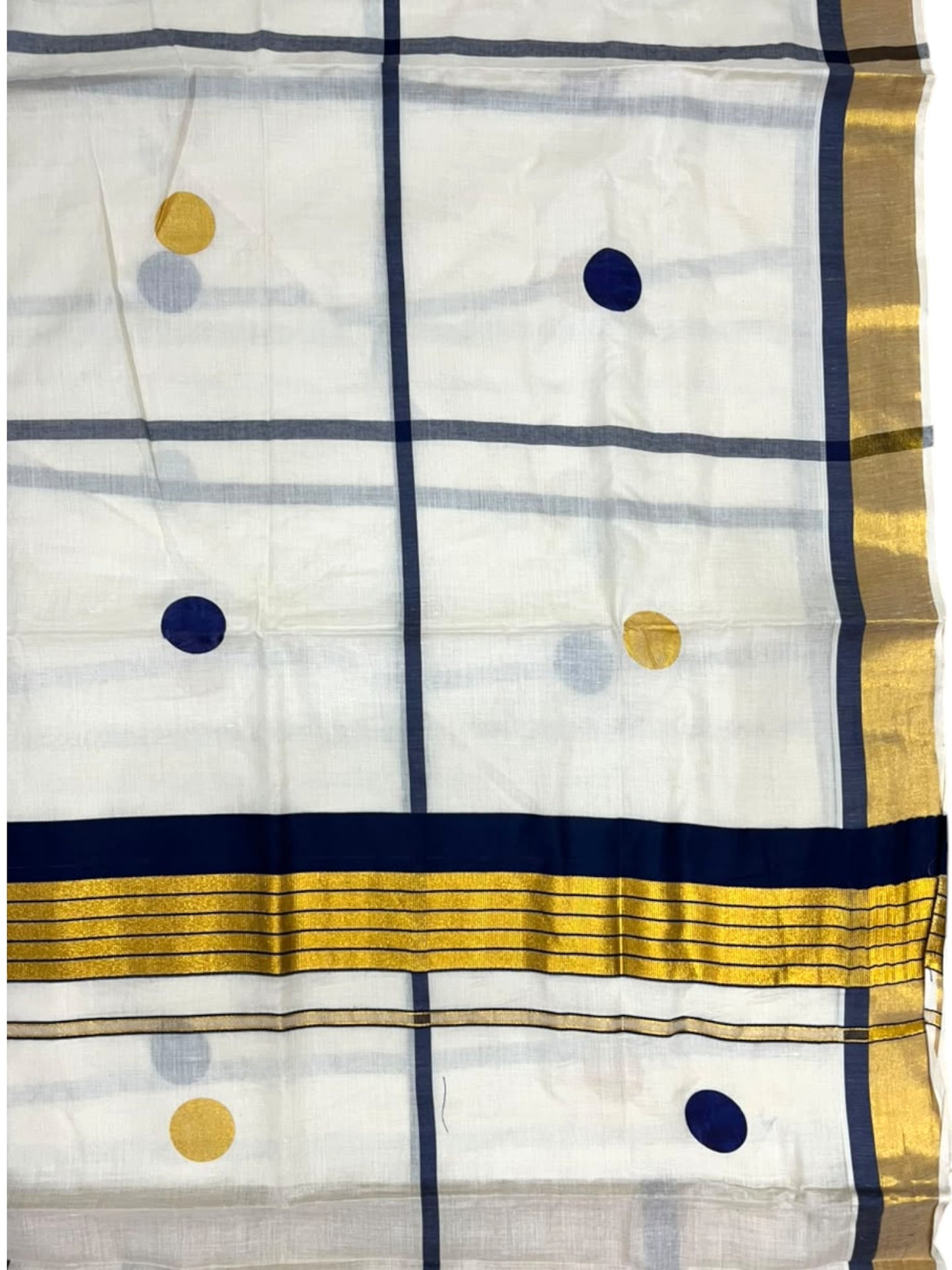 Southloom Kerala Cotton Kasavu Saree with Blue & Gold Polka Works on BodySL581