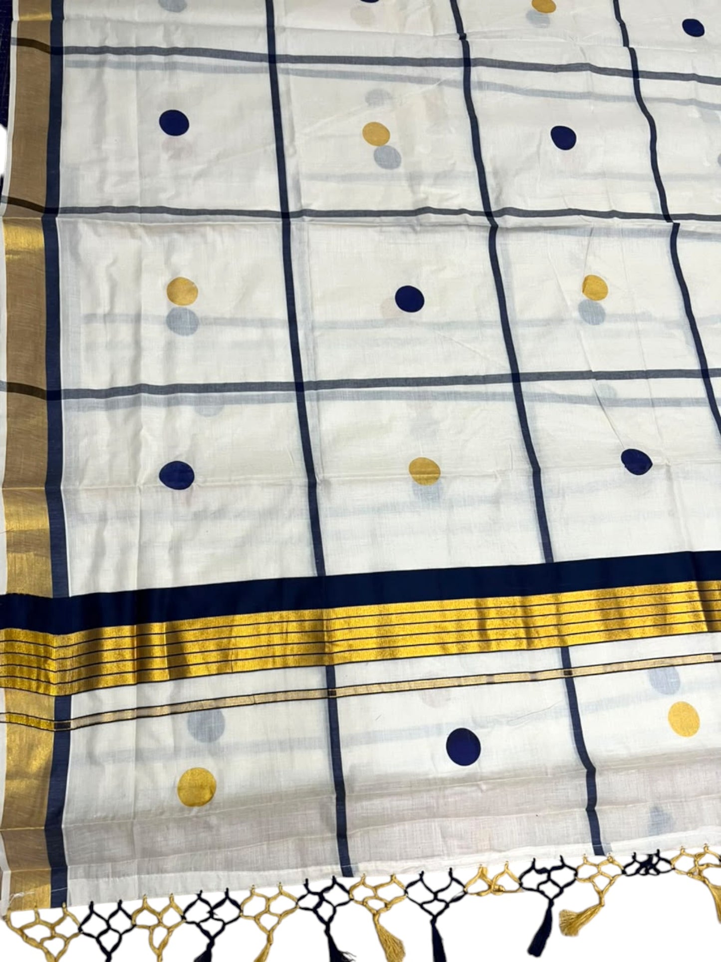 Southloom Kerala Cotton Kasavu Saree with Blue & Gold Polka Works on BodySL581