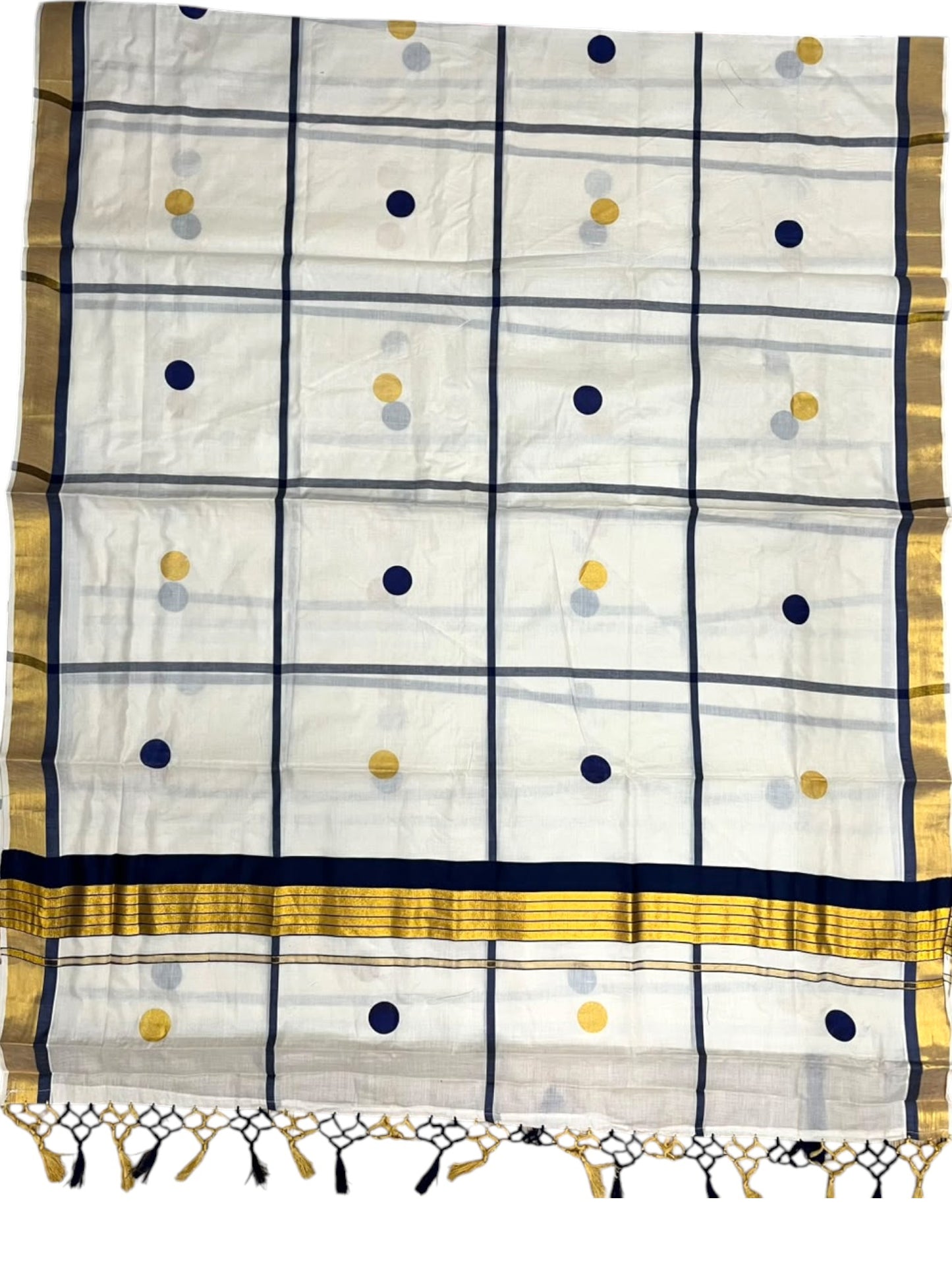 Southloom Kerala Cotton Kasavu Saree with Blue & Gold Polka Works on BodySL581