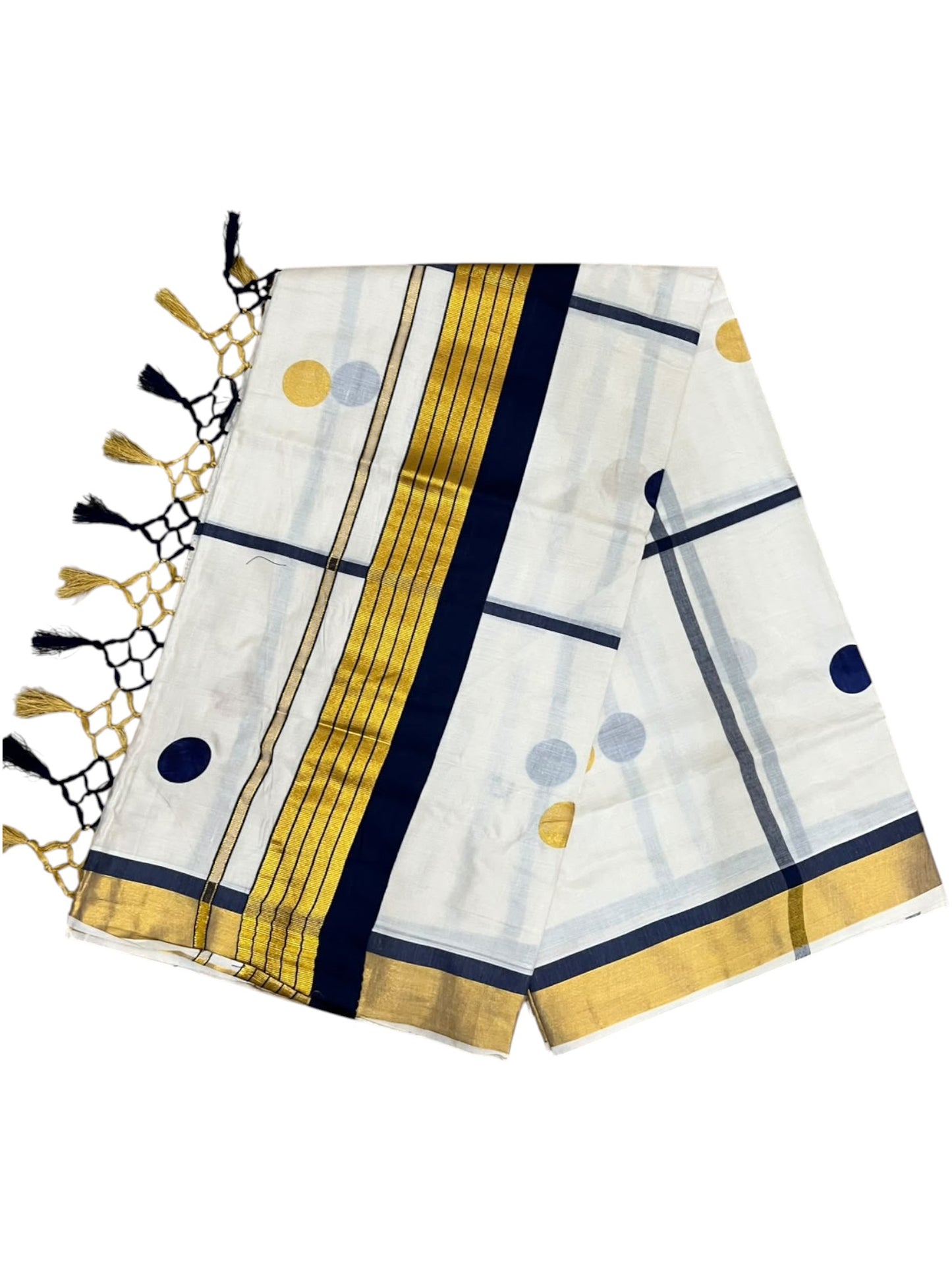 Southloom Kerala Cotton Kasavu Saree with Blue & Gold Polka Works on BodySL581