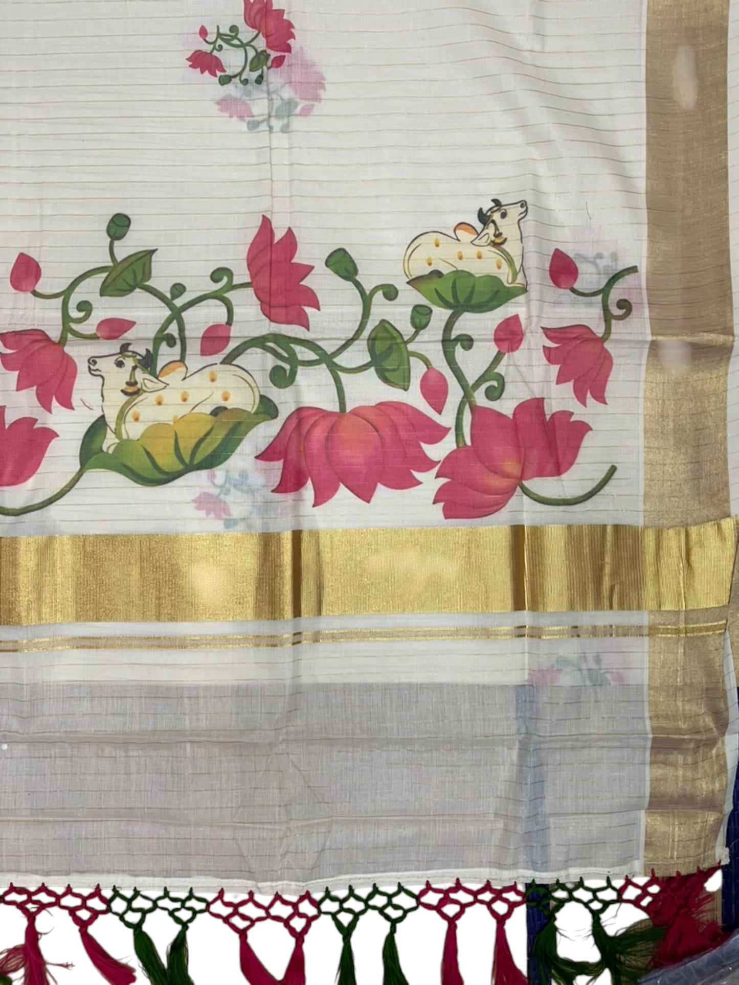 Southloom Cotton Kerala Kasavu Saree with Digital Painted Lotus Design SL586