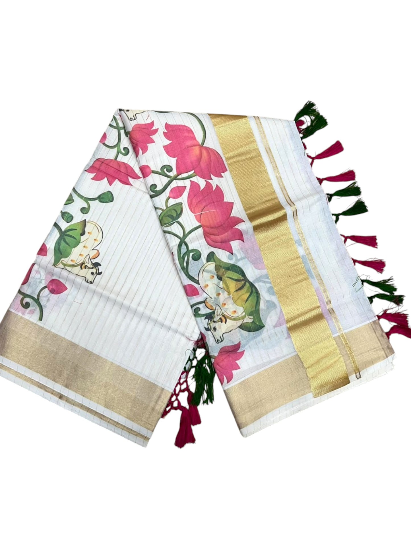 Southloom Cotton Kerala Kasavu Saree with Digital Painted Lotus Design SL586