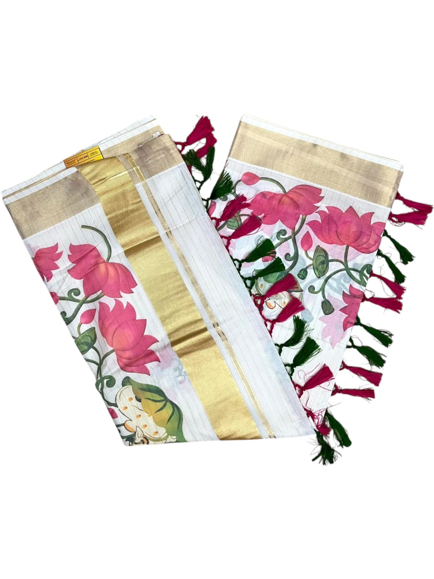 Southloom Cotton Kerala Kasavu Saree with Digital Painted Lotus Design SL586