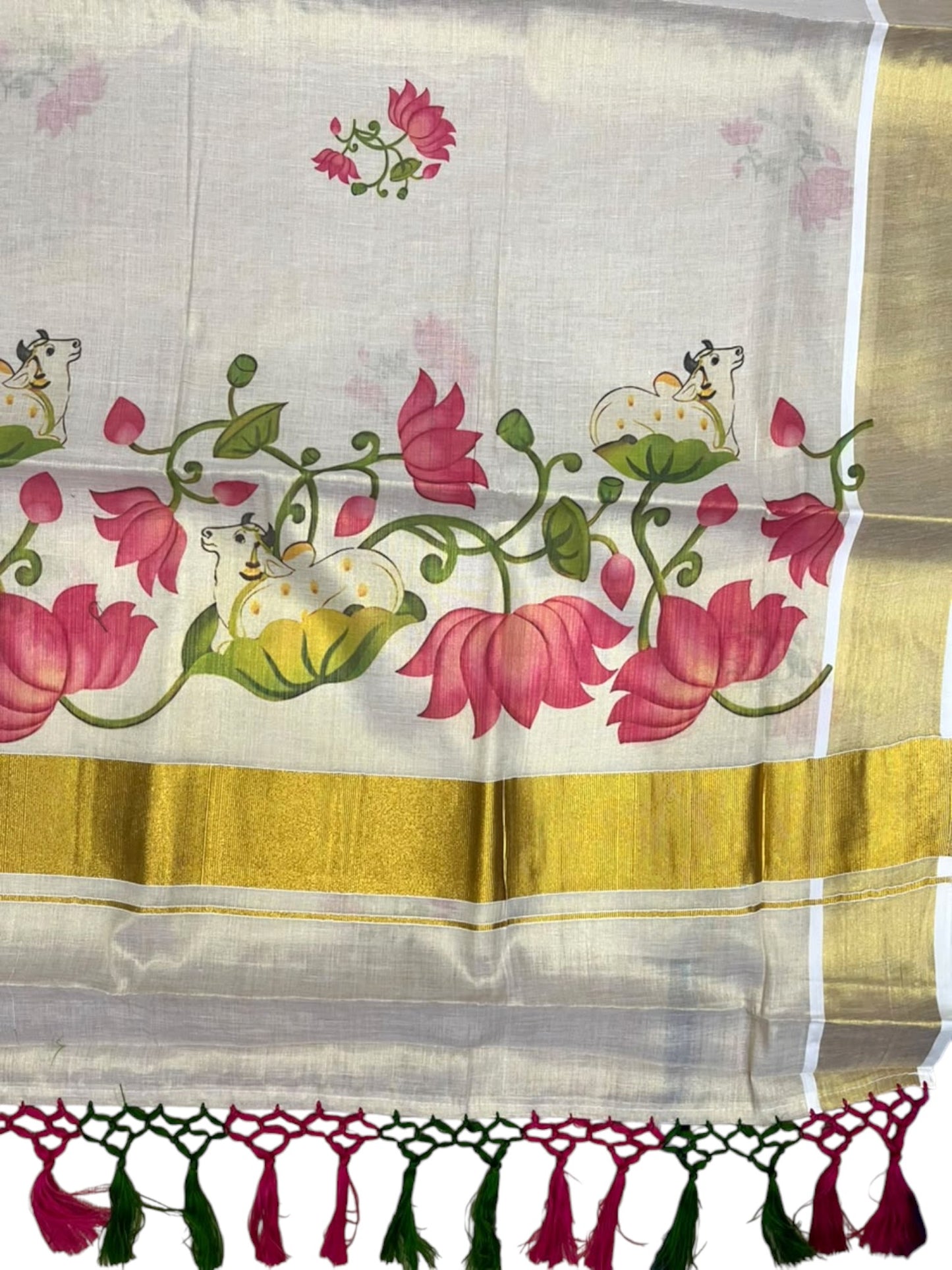 Southloom Tissue Kerala Kasavu Saree with Hand Painted  Lotus Design SL586