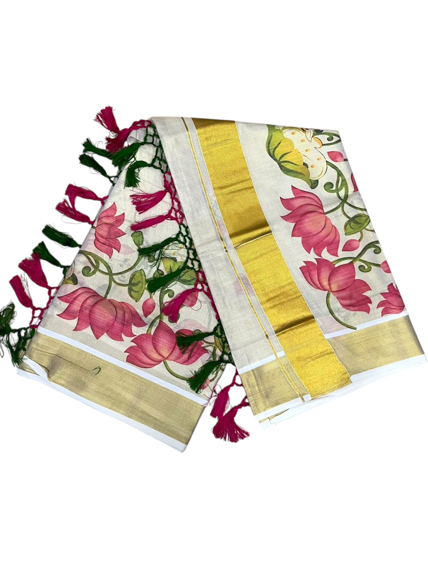 Southloom Tissue Kerala Kasavu Saree with Hand Painted  Lotus Design SL586