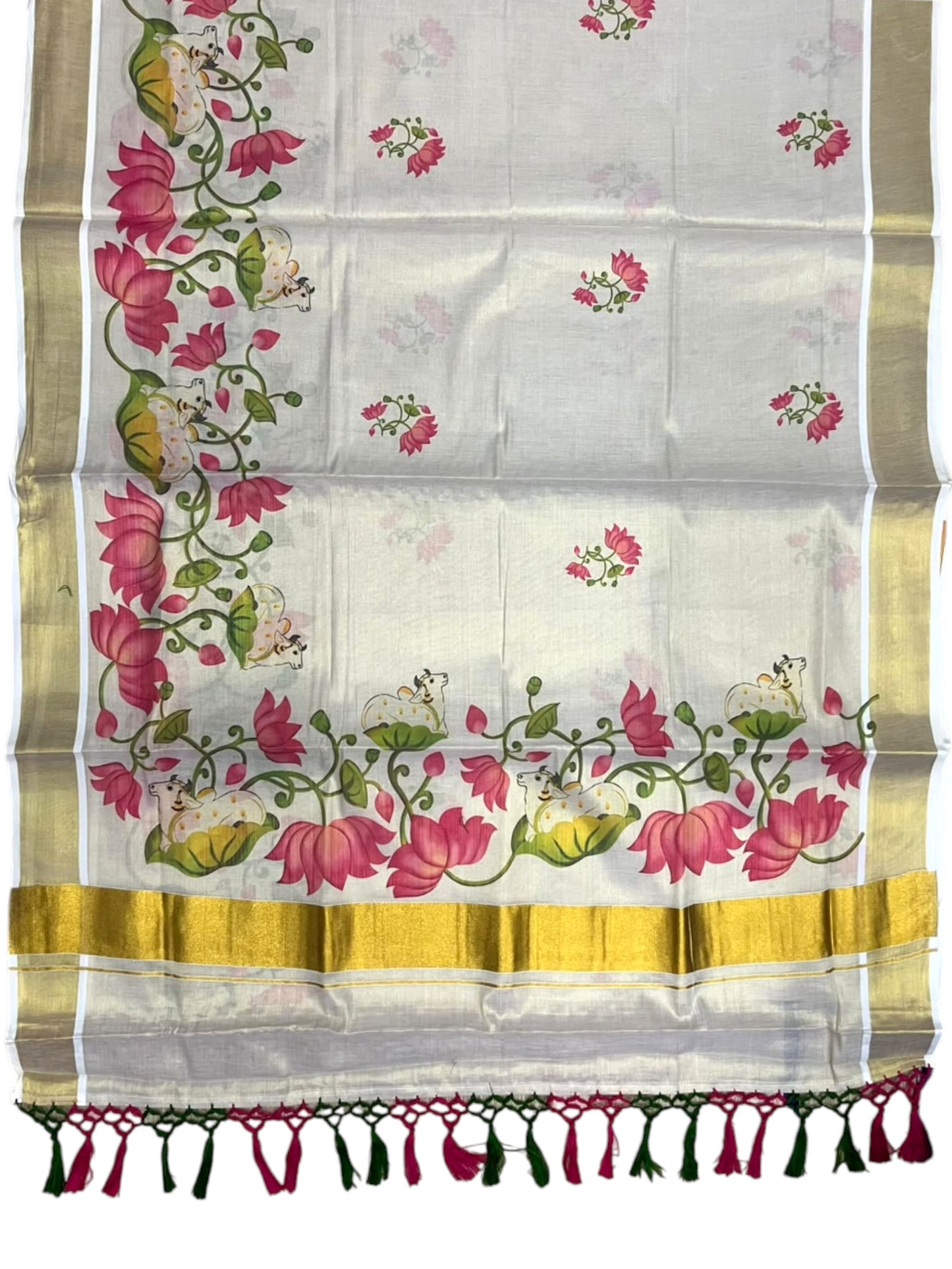 Southloom Tissue Kerala Kasavu Saree with Hand Painted  Lotus Design SL586