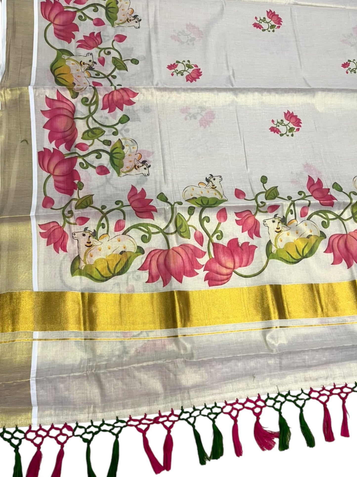 Southloom Tissue Kerala Kasavu Saree with Hand Painted  Lotus Design SL586
