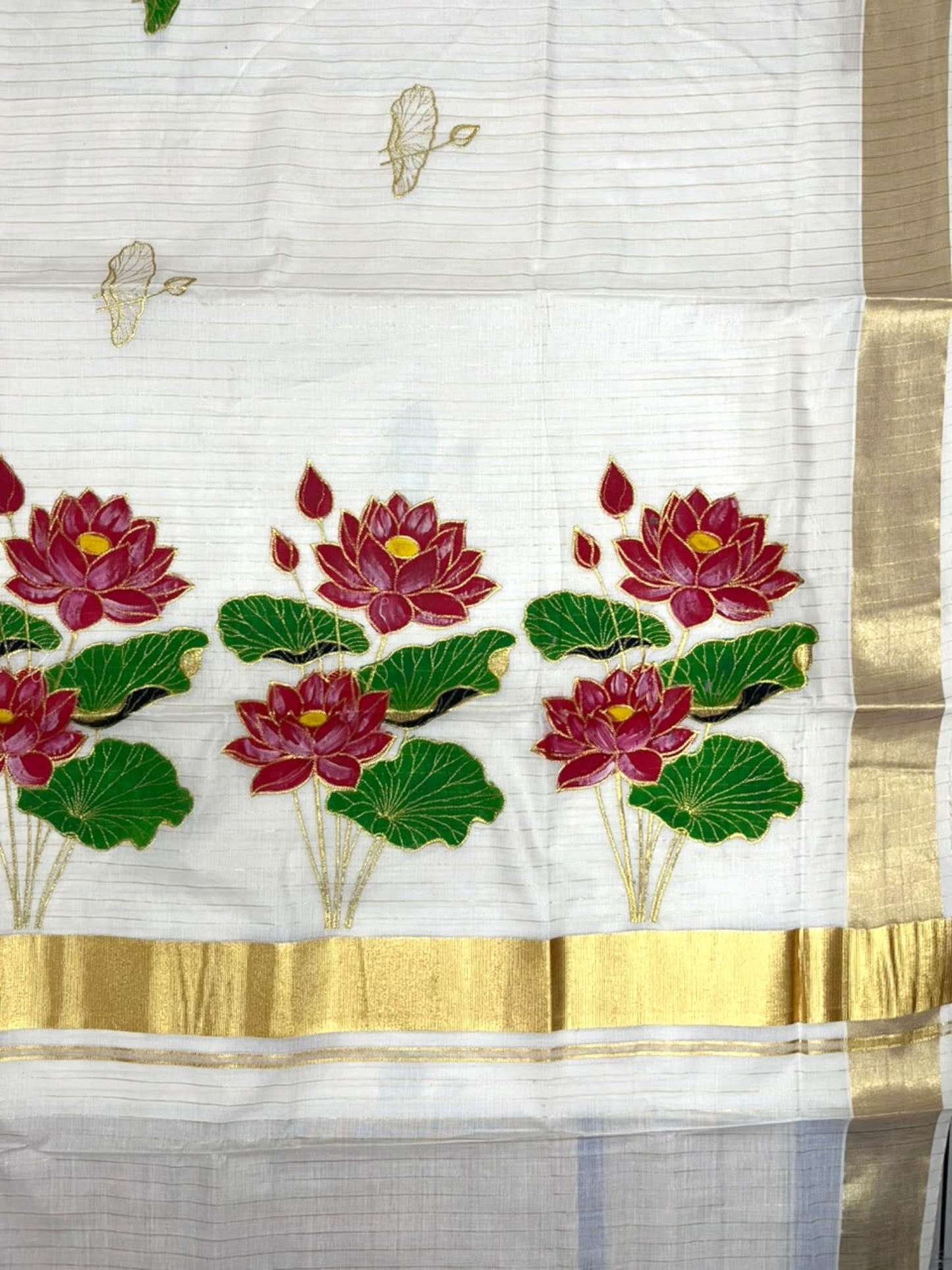 Southloom Cotton Kerala Kasavu Saree with Hand Painted Embroidery Lotus Design SL289