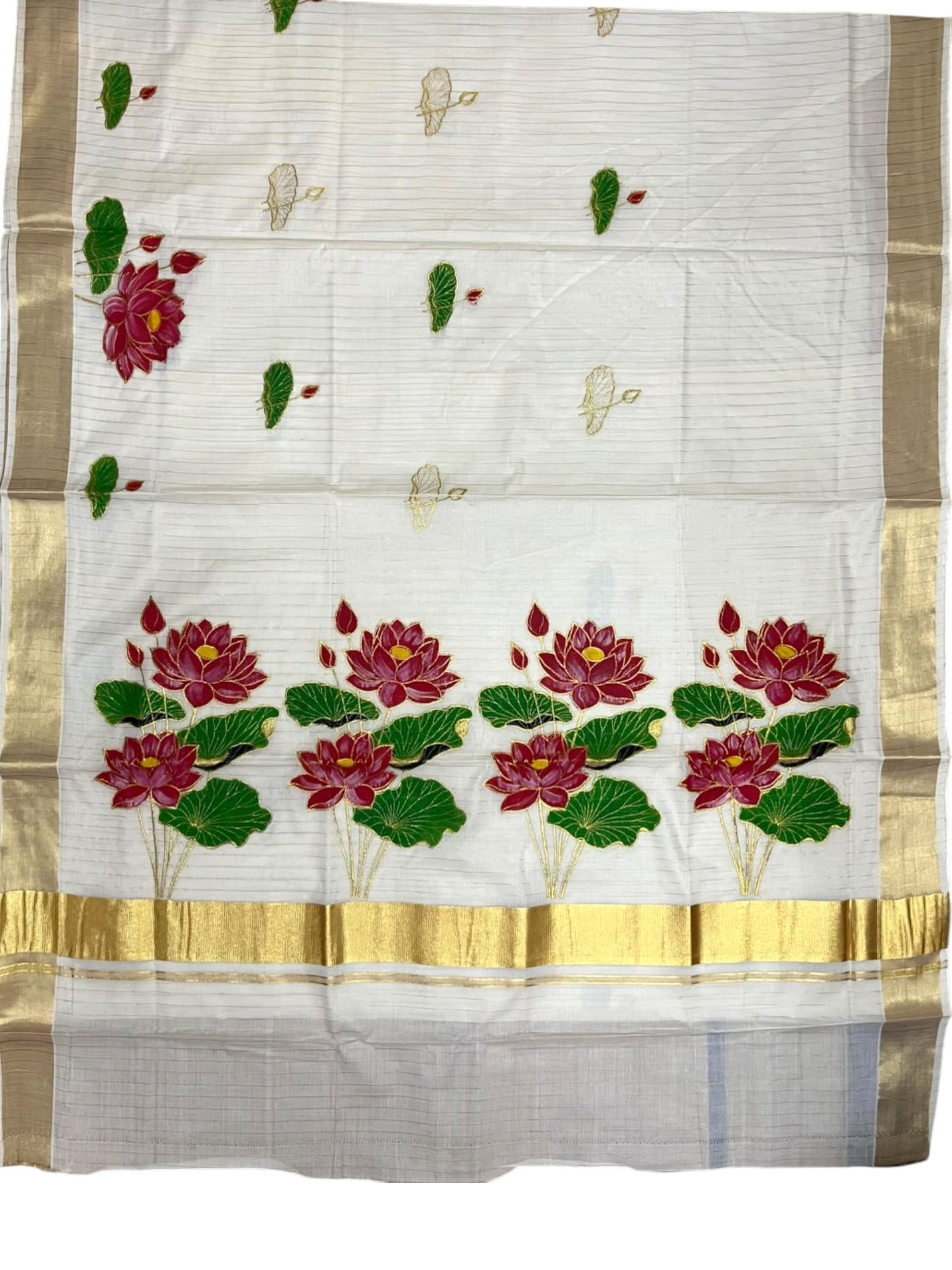 Southloom Cotton Kerala Kasavu Saree with Hand Painted Embroidery Lotus Design SL289