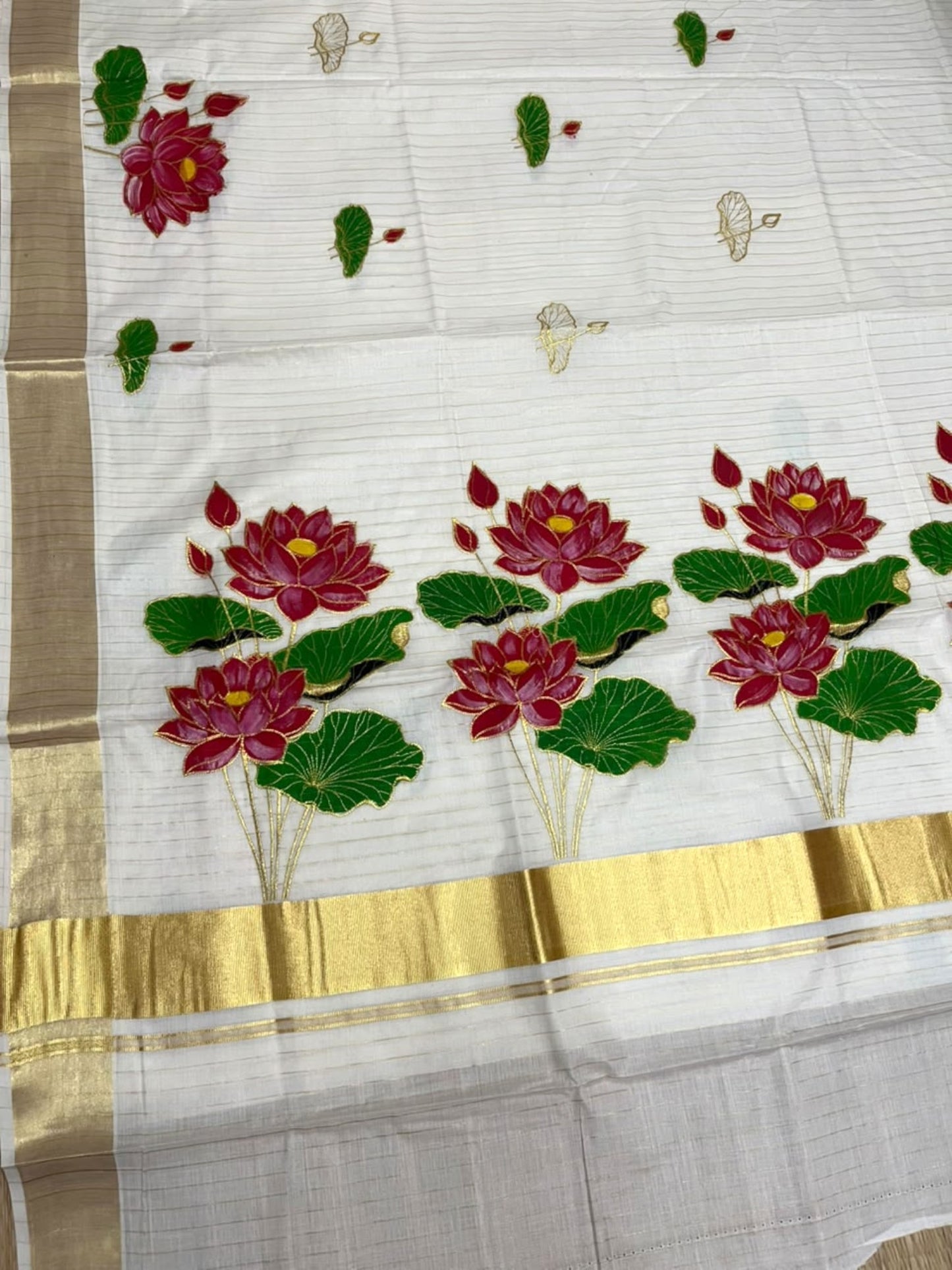 Southloom Cotton Kerala Kasavu Saree with Hand Painted Embroidery Lotus Design SL289