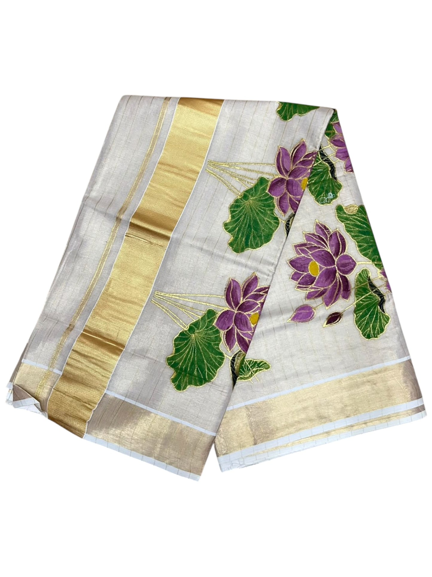 Southloom Tissue Kerala Kasavu Saree with Hand Painted Embroidery Lotus Design SL289